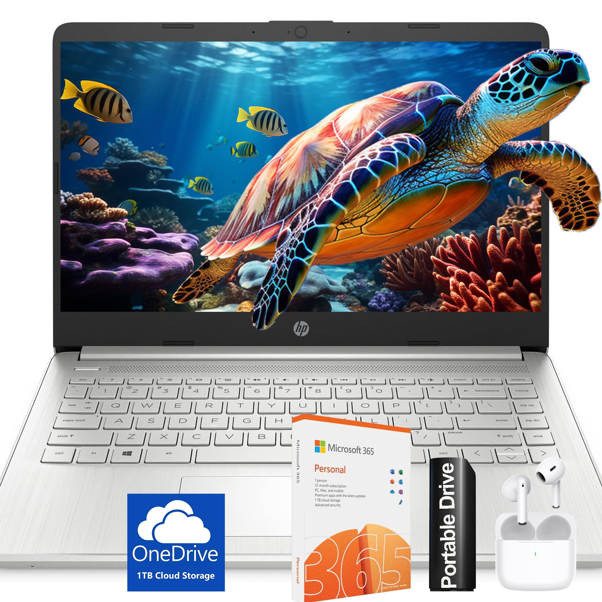 HP Ultralight 14-inch Laptop - Intel 4-Core Processor, 16GB RAM, 128GB SSD + 1TB Cloud Storage, HD Display, Windows 11 (Silver) - Includes Microsoft 365 & Wireless Earbuds - Perfect for Remote Work, Online Classes & Business Travel