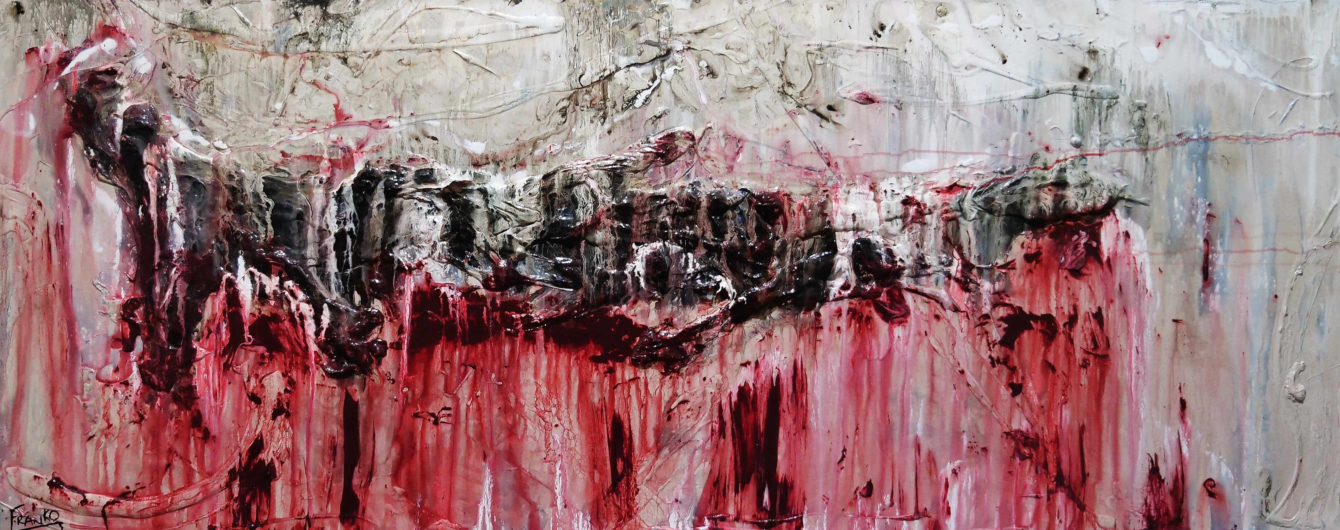 200cm x 80cm Grey Red Textured Abstract Rose Painting - Modern Wall Art for Living Room, Bedroom & Office Decor