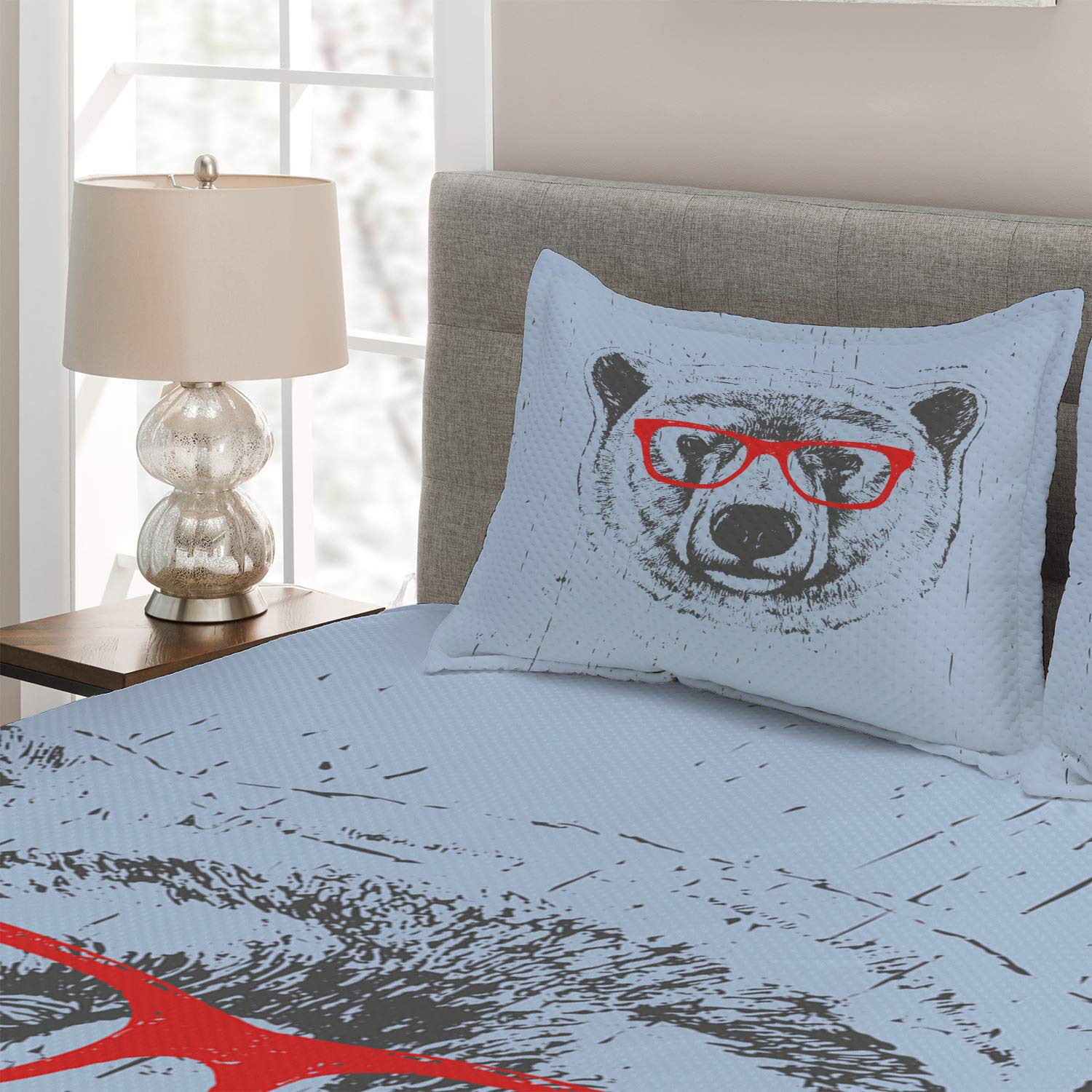 Ambesonne Hipster Coverlet Set - Whimsical Grunge Polar Bear with Glasses Quilted Bedspread | 3-Piece King Size Bedding Set with 2 Pillow Shams in Pale Ceil Blue, Vermilion & Charcoal Grey | Perfect for Bohemian & Modern Bedroom Decor