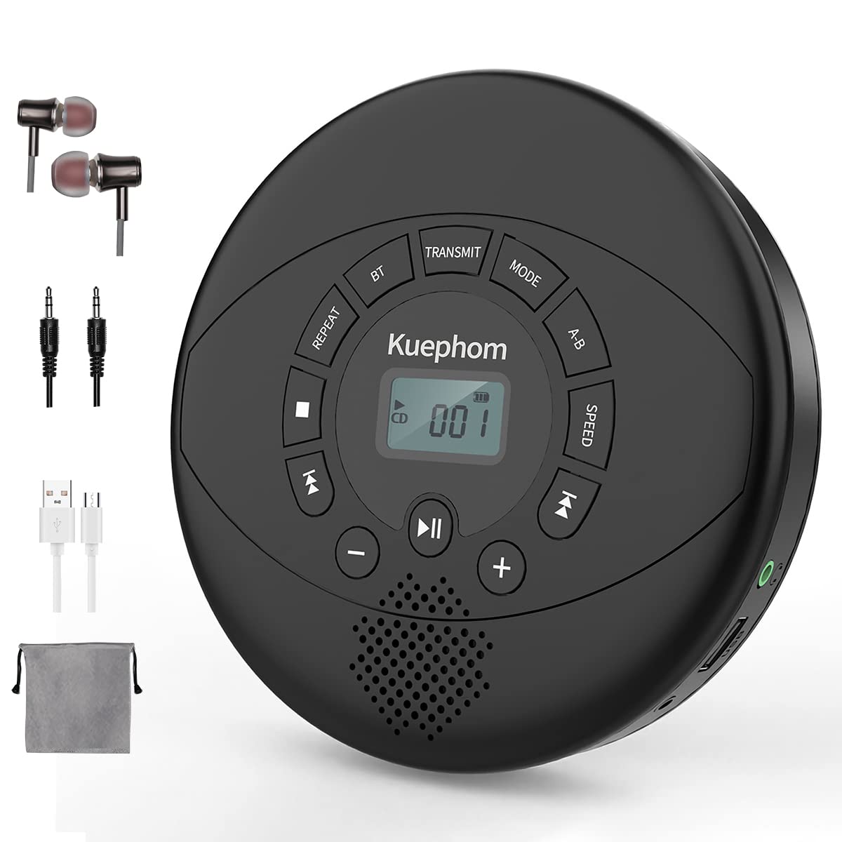 KUEPHOM Portable Bluetooth CD Player with Headphones, Rechargeable Anti-Skip Disc Walkman, Built-in Speakers, USB/AUX Input, Black - Perfect for Car, Home, Travel, and Outdoor Adventures