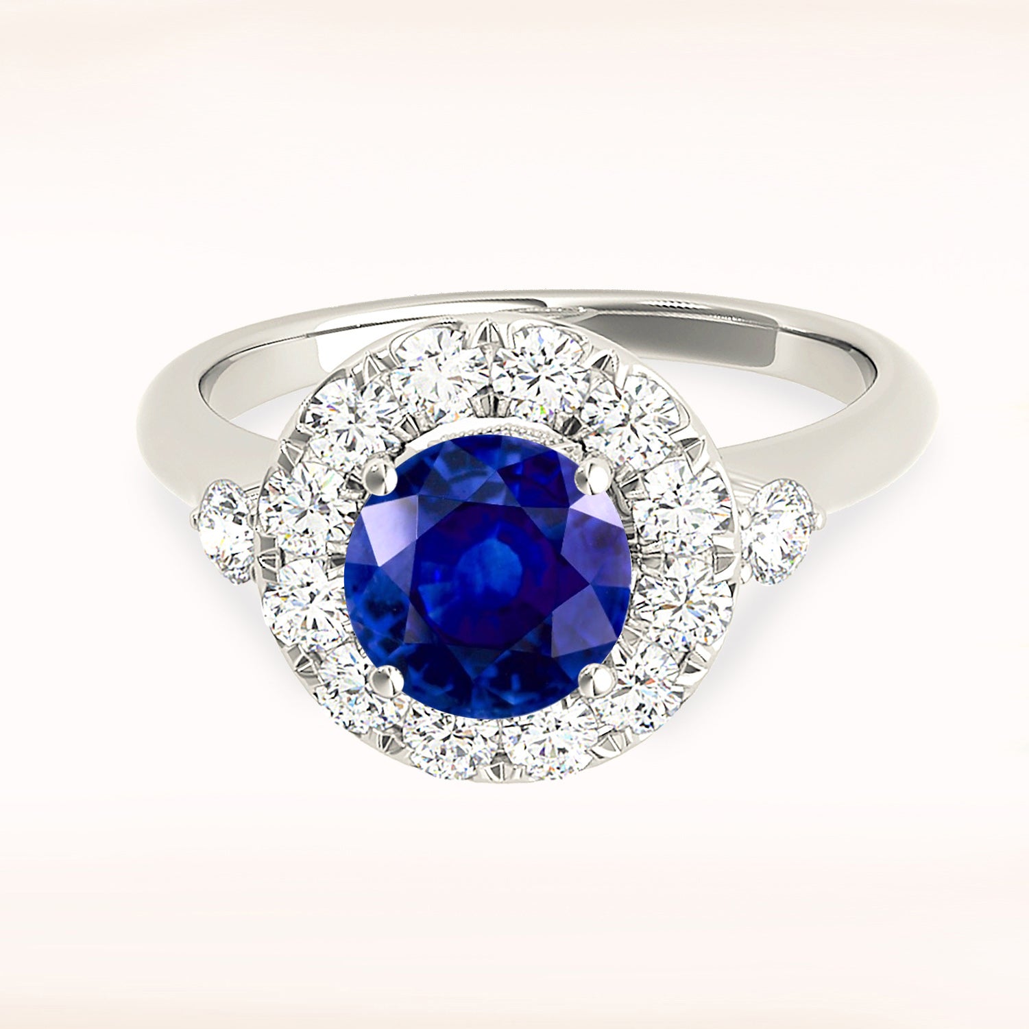 1.35 Carat Genuine Blue Sapphire Halo Ring with Side Diamond Accents - Elegant Engagement, Wedding, or Anniversary Jewelry Gift