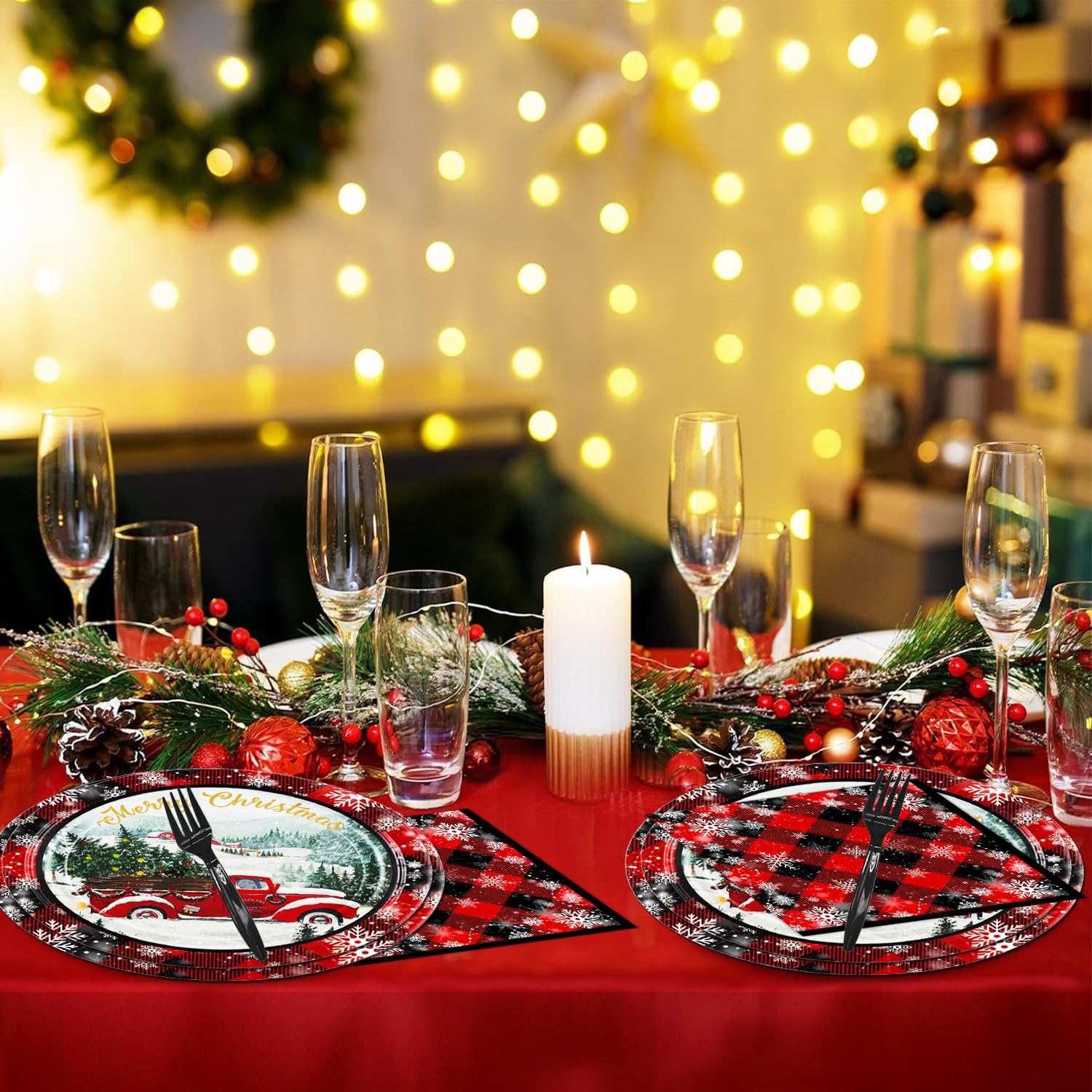 96 Pcs Buffalo Plaid Christmas Paper Plates & Napkins Set - Disposable Xmas Tableware with Plastic Forks for Holiday Parties, Dinner, Family Gatherings - Serves 24 Guests