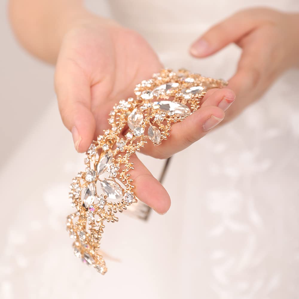 Wekicici Gold Crystal Tiara Crown for Women & Girls - Rhinestone Bridal Headband with Combs for Weddings, Prom, Birthday Parties & Costume Events | Elegant Princess Hair Accessory