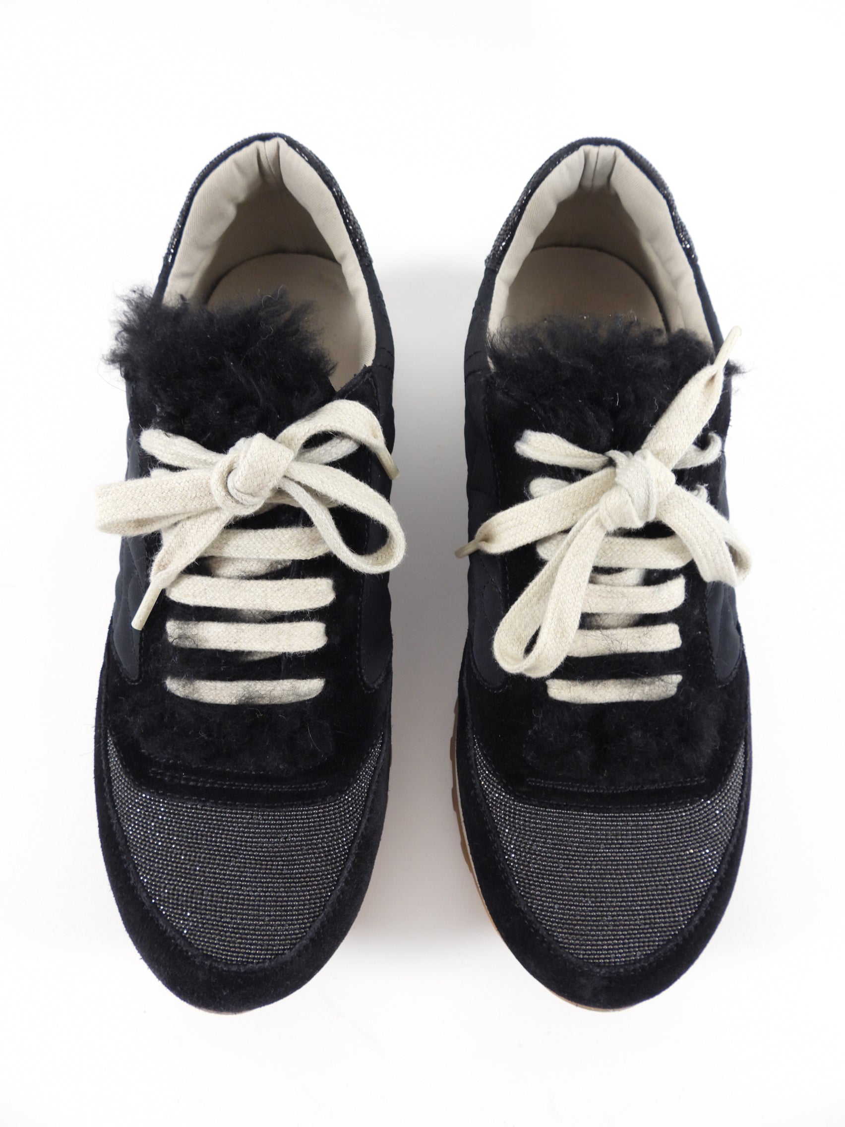 Brunello Cucinelli Black Shearling Nylon Monili Sneakers - Women's Size 38.5/38 - Luxurious Comfort for Winter Walking & Casual Outfits