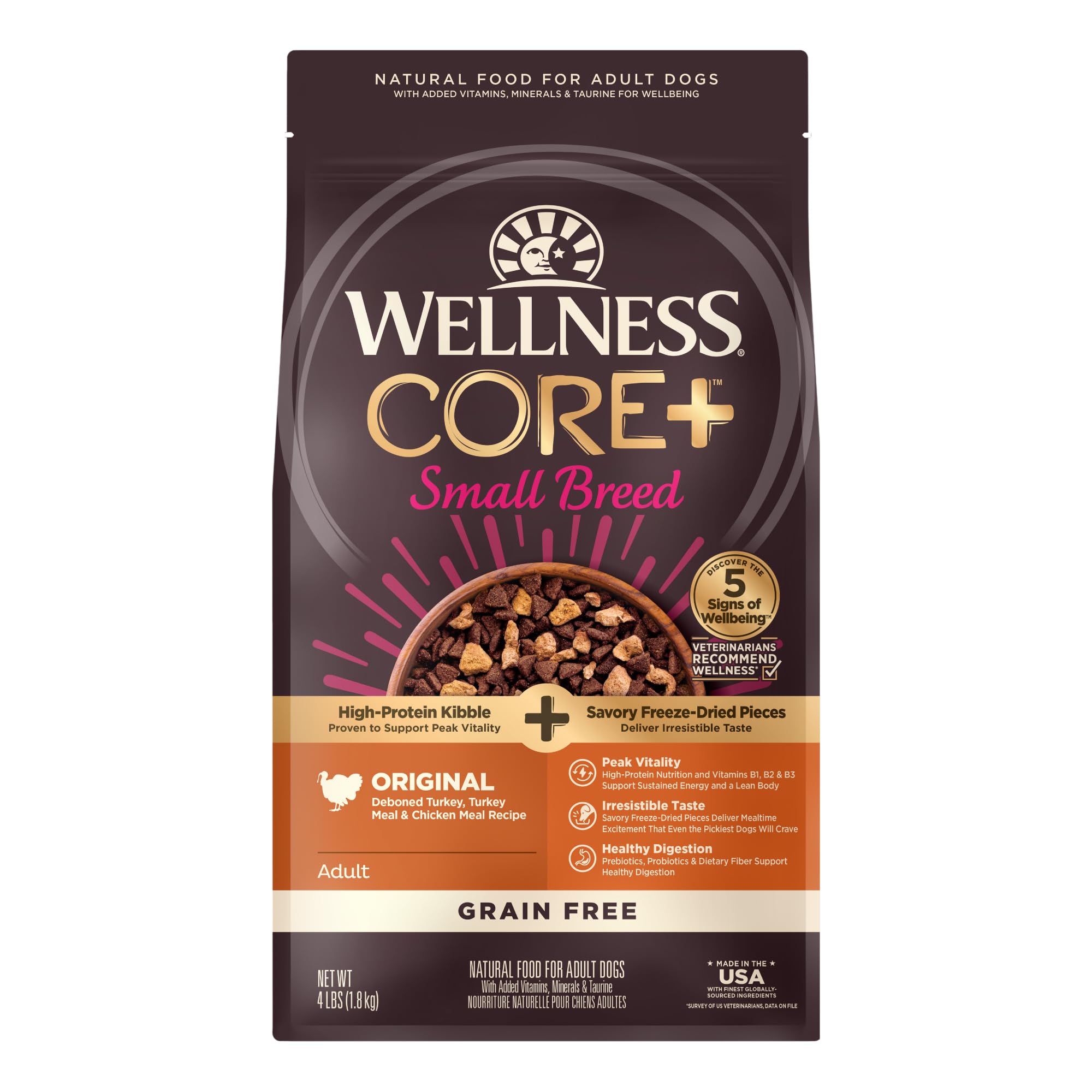 Wellness CORE+ Grain Free High Protein Dry Dog Food for Small Breeds - Original Turkey & Chicken Recipe with Freeze Dried Pieces (4lb Bag) | Perfect for Active Small Dogs & Puppies at Home or Travel