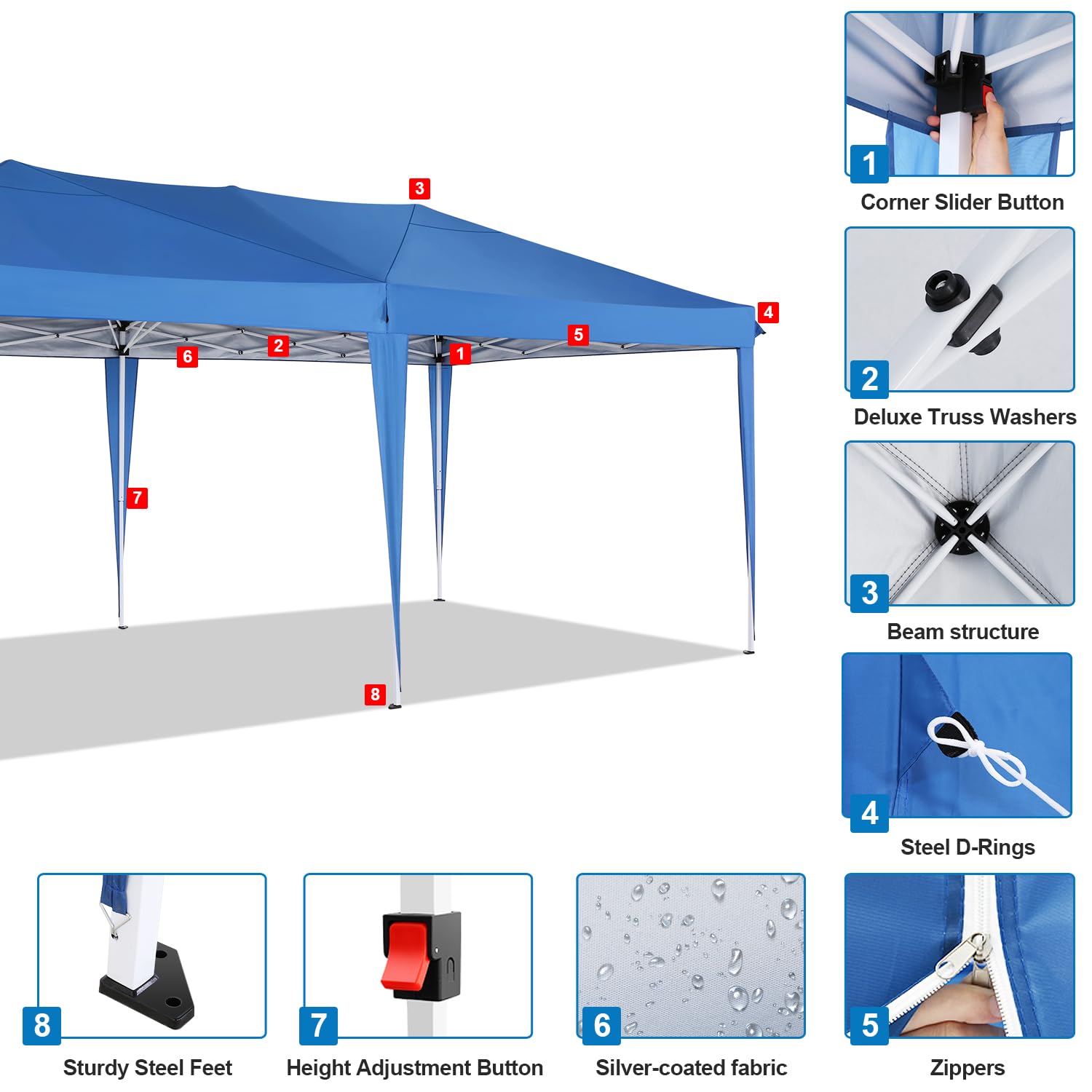 COBIZI 10x20 Pop Up Canopy Tent with 6 Sidewalls - Waterproof Outdoor Event Shelter, Instant Gazebo Sun Shade for Parties, Beach, Camping & Commercial Use | Portable Blue 10x20 Canopy Tent | Perfect for Backyard BBQs, Farmers Markets & Tailgating
