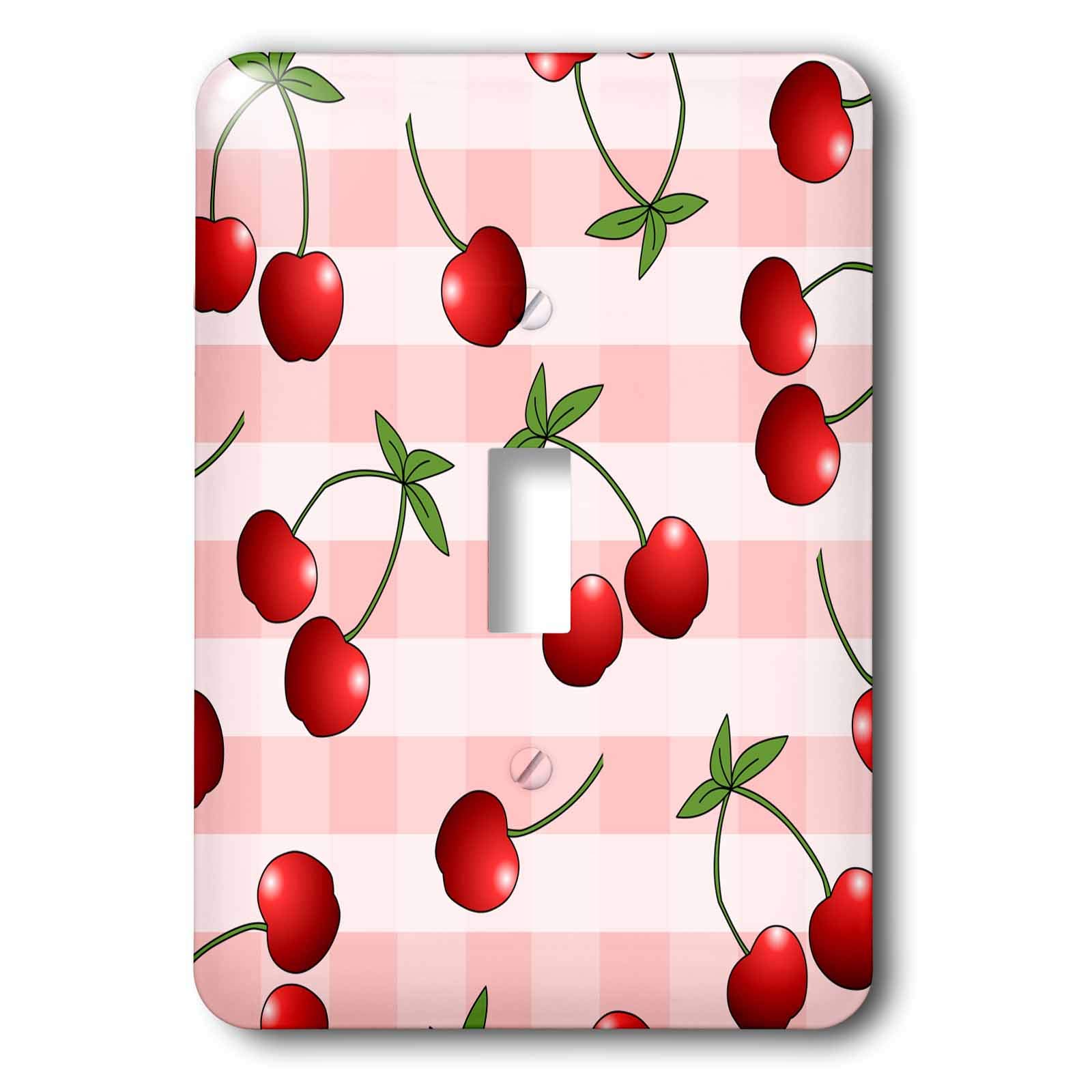 3D Cherry Print Light Switch Cover - Juicy Red Cherries on Pink Check Design | Decorative Wall Plate for Kitchen, Bedroom, Bathroom & Home Decor