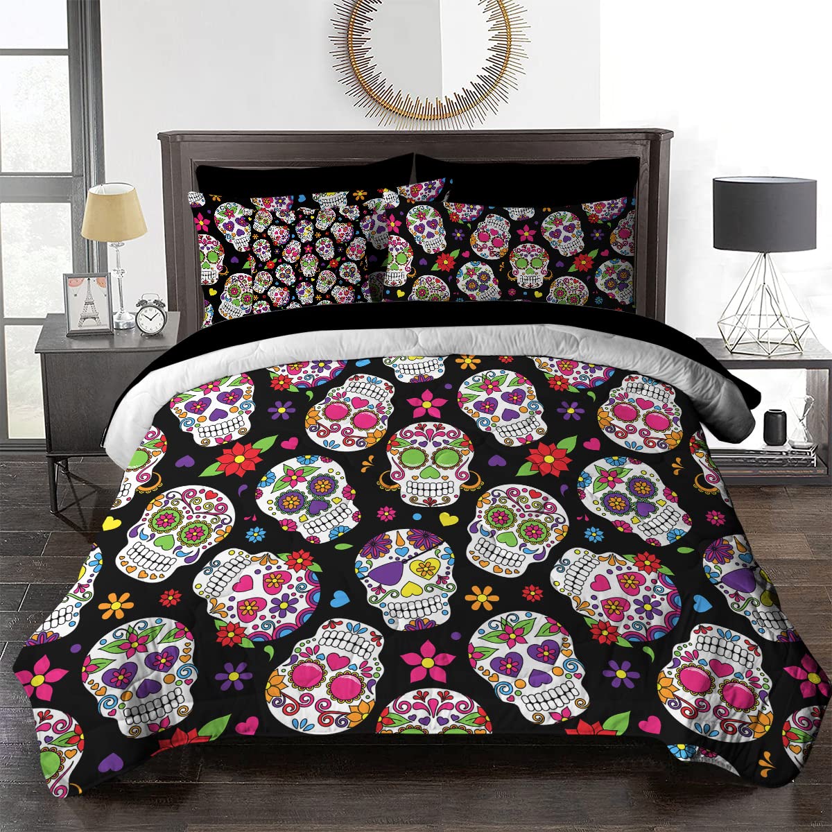 BlessLiving Sugar Skull King Bedding Set for Boys - Colorful Skull Floral Comforter Set with Sheets, 8-Piece Bed in a Bag (King Size) - Perfect for Kids' Room Decor, Halloween Theme Bedding & Teen Boy Bedroom Makeover