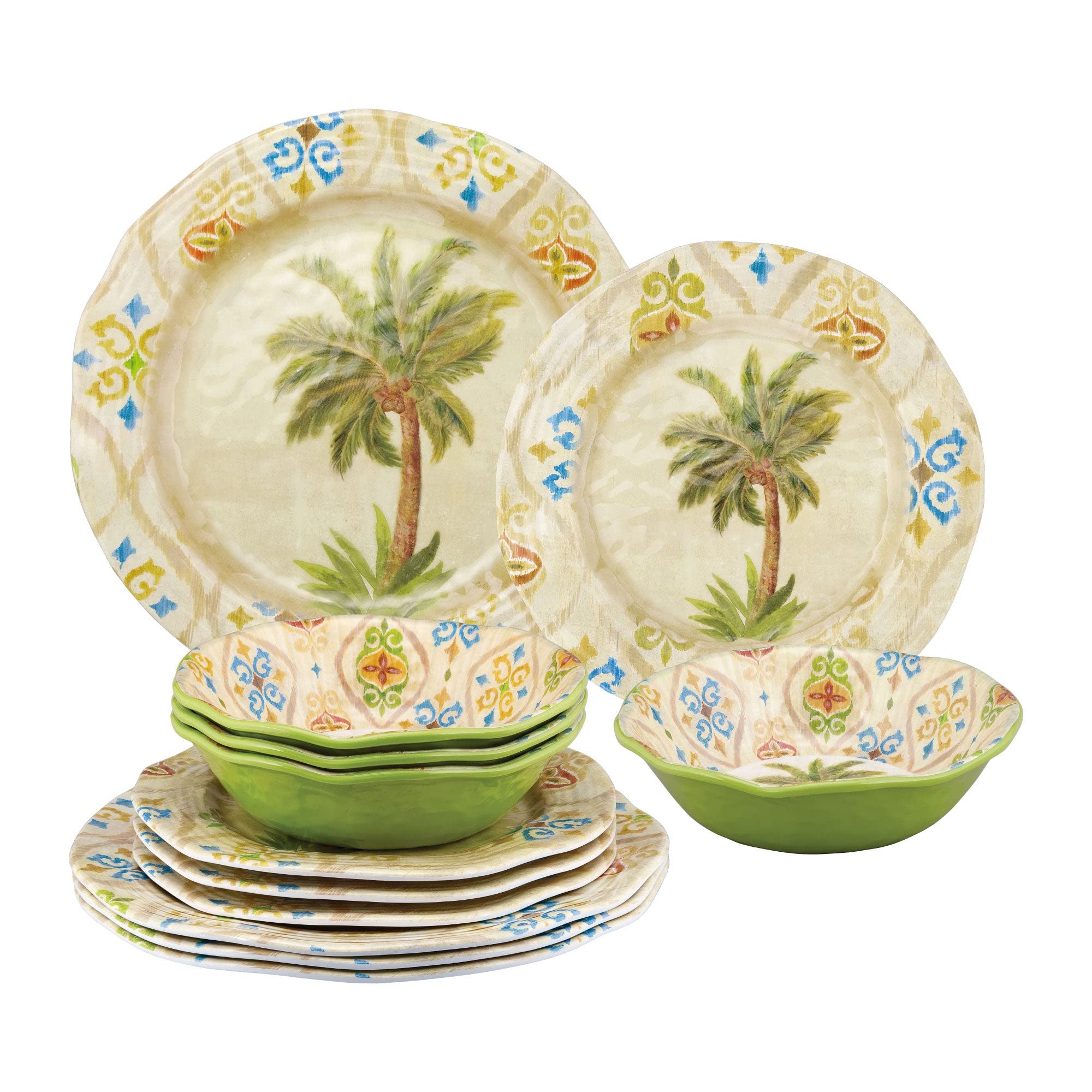 UPware 12-Piece Ikat Palm Melamine Dinnerware Set - Durable Outdoor Dishes, Plates & Bowls for 4 - Colorful BPA-Free Dish Set for Picnics, BBQs & Pool Parties