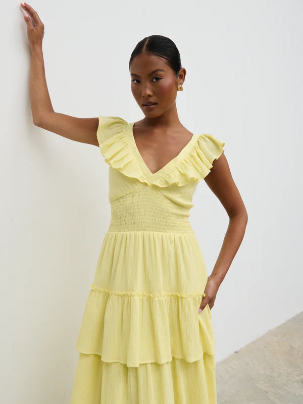 Opal Ruffle Maxi Dress - Women's Flowy Summer Dress in Lemon Yellow | Perfect for Beach Vacations, Weddings & Boho Fashion