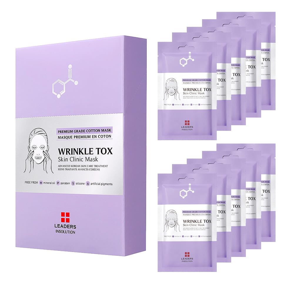 Leaders Insolution Wrinkle Tox Skin Clinic Mask - Adenosine Anti-Aging Facial Sheet for Fine Lines & Wrinkles | Firming & Collagen Boosting Treatment | Premium Cotton (10 Sheets) | Perfect for Spa Nights & Skincare Routines