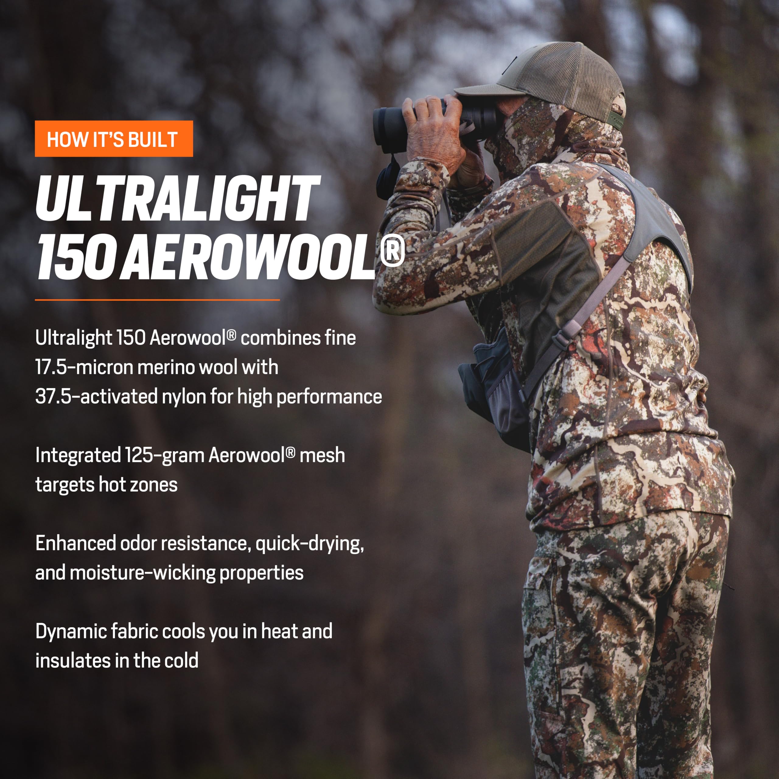 First Lite Men's Wick Long Sleeve Crew - Premium Merino Wool Camo Hunting Base Layer Shirt | UV Protection & Moisture Wicking | Ideal for Cold Weather Hunting, Hiking & Outdoor Adventures
