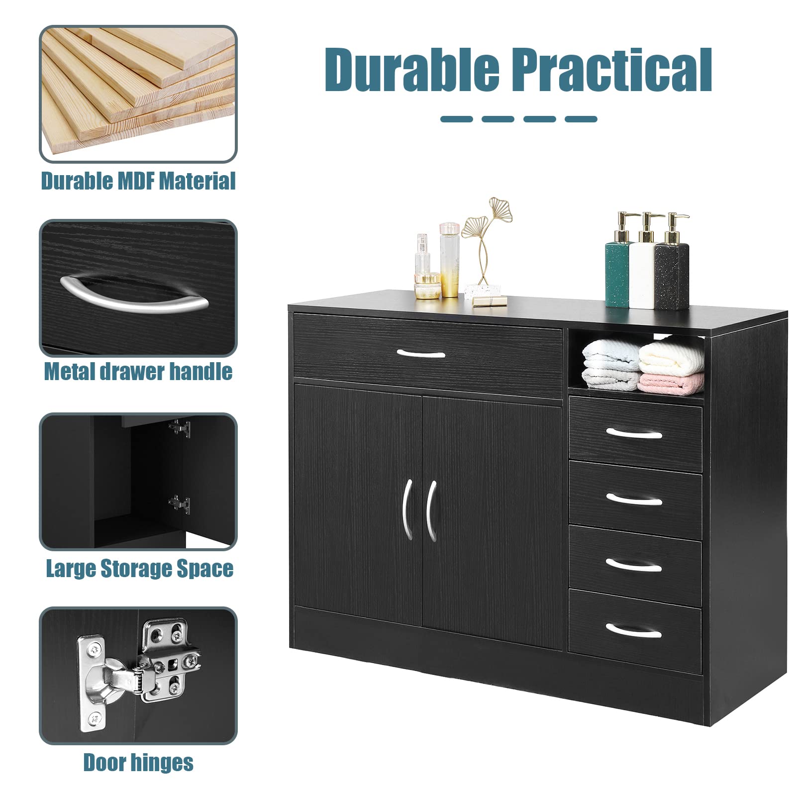 Professional 5-Drawer Black Salon Barber Hair Styling Storage Cabinet with Large Cabinet - Perfect for Barber Shops, Salons & Bathroom Organization