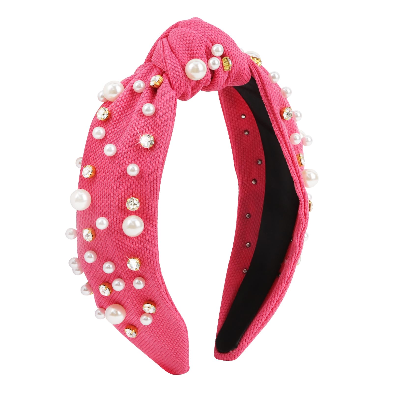 GAFATORY Sparkling Rhinestone Pearl Headbands for Women & Girls - Elegant Wide Knotted Beaded Headband in Hot Pink - Perfect for Weddings, Parties, and Everyday Hair Accessories