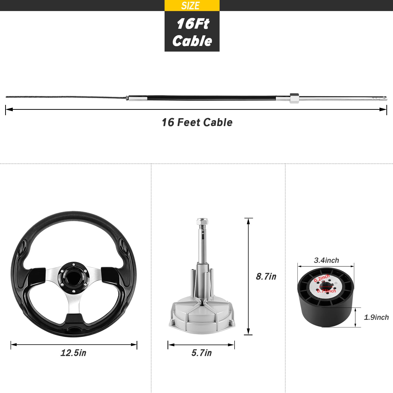 Premium 16ft Boat Steering System Kit - 3/4