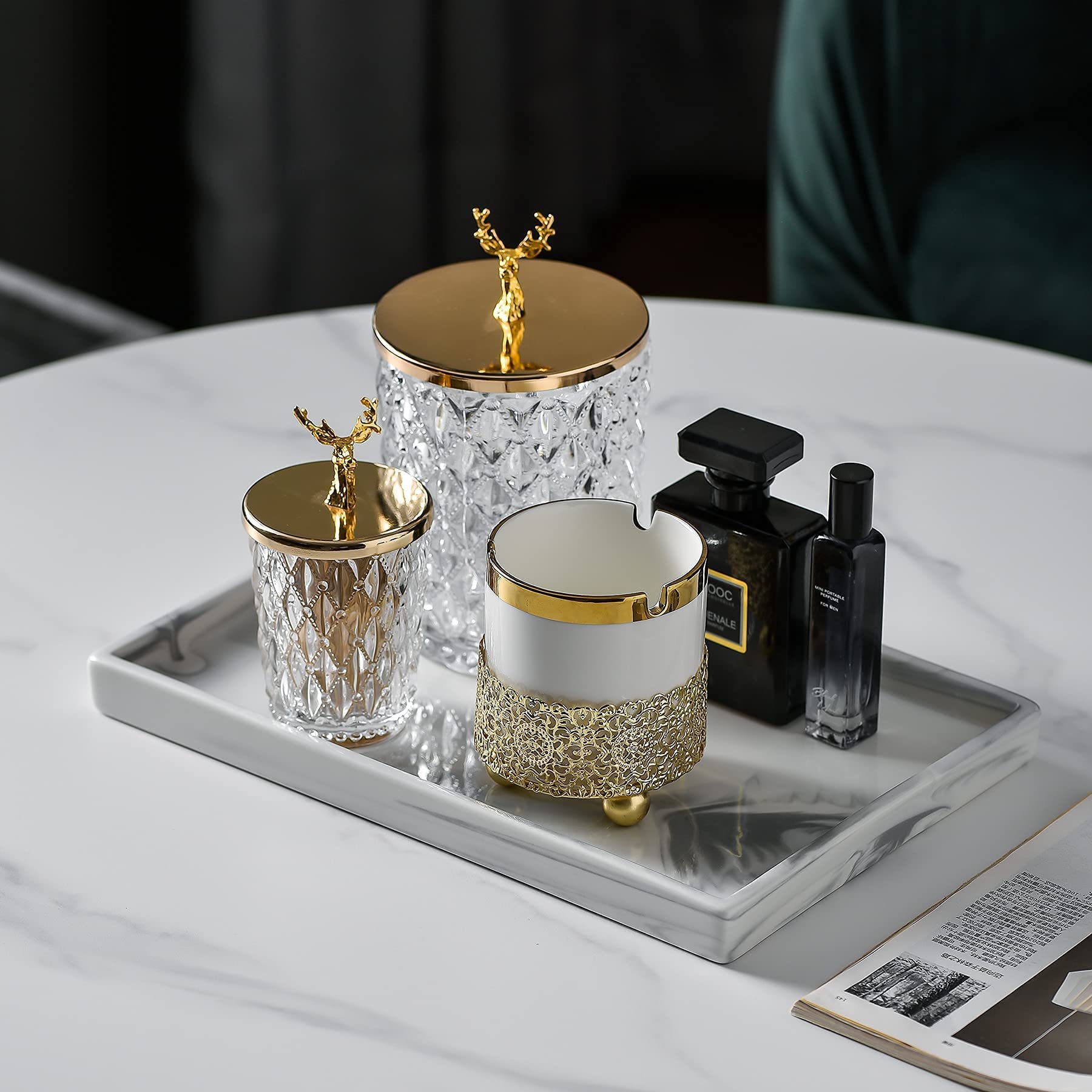 White Marble Vanity Tray for Bathroom - Jewelry & Perfume Organizer, Decorative Ceramic Serving Tray with Rectangle Design | Perfect for Makeup Display, Fragrance Storage & Home Decor