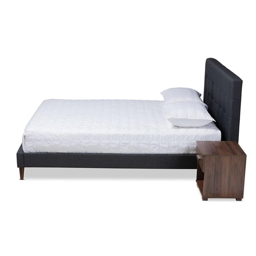 Baxton Studio Maren Queen Size Dark Grey Upholstered Platform Bed Frame with 2 Nightstands - Modern Bedroom Set for Small Spaces & Guest Rooms