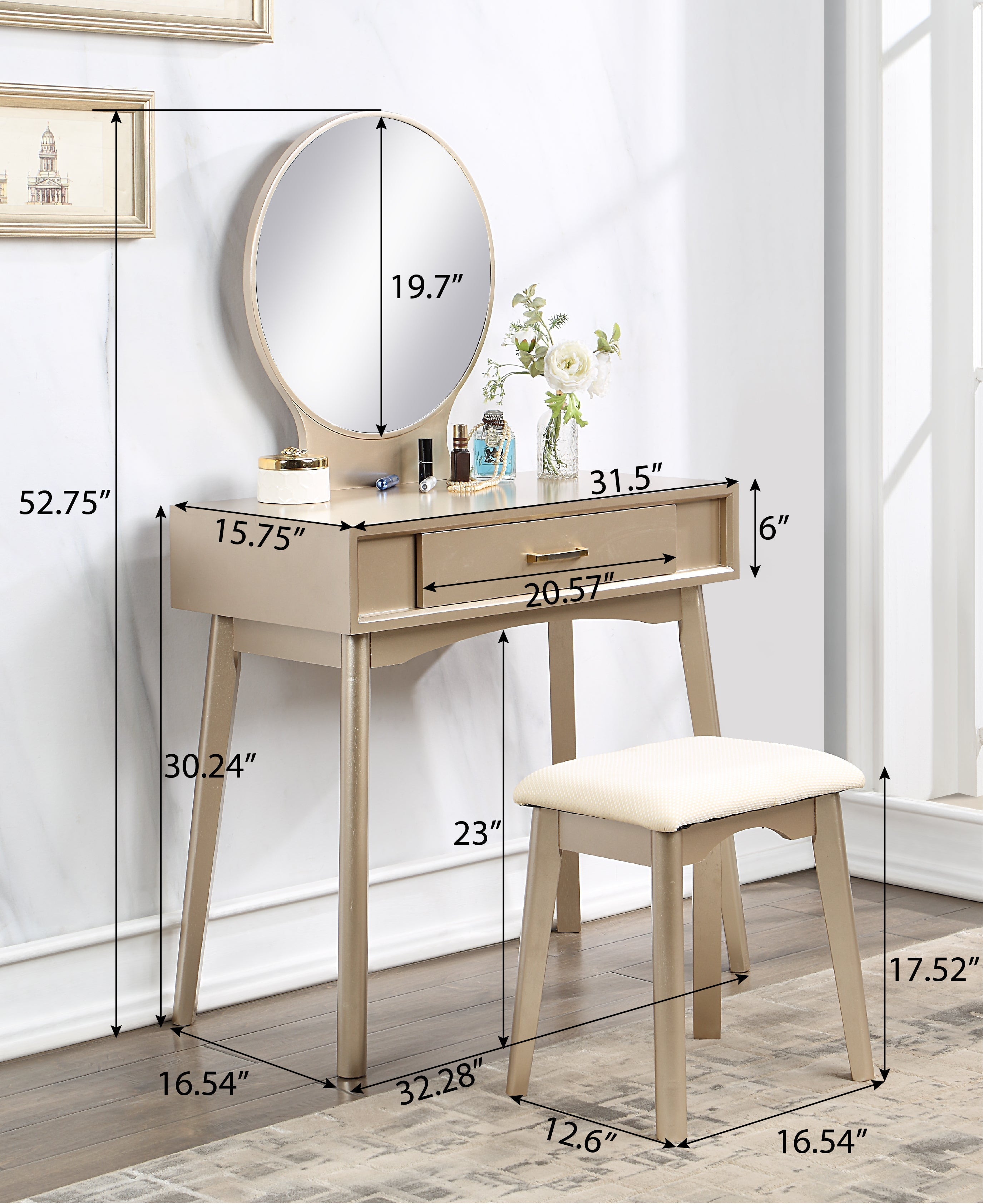 Roundhill Furniture Maly Contemporary Wood Vanity and Stool Set - Modern Makeup Dressing Table with Matching Stool for Bedroom & Bathroom