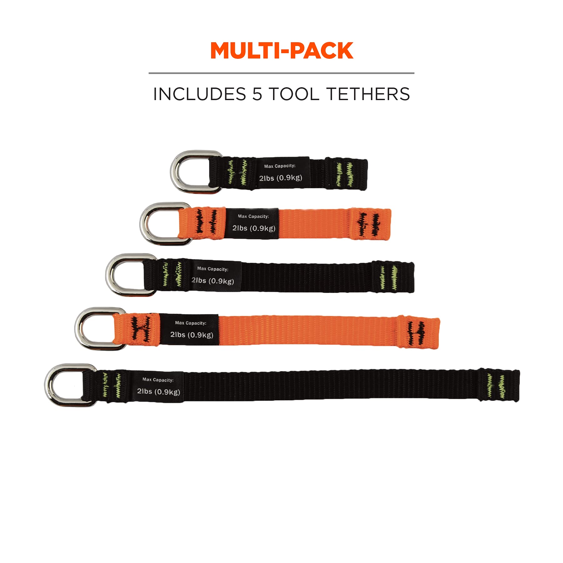 Ergodyne Squids 3700 Web Tool Tail Attachments - 5-Pack (2 lbs) - Multi-Size Black/Orange for Construction, Roofing & Utility Work