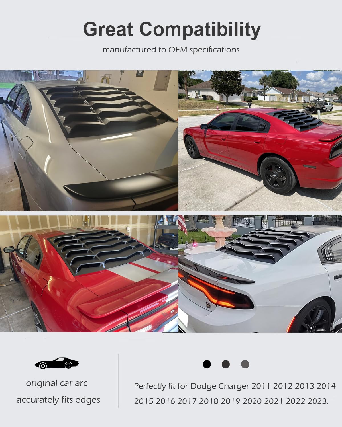 Dodge Charger Louvers Rear & Side Window Sun Shade Cover - Matte Black | Fits 2011-2024 Models (SXT, GT, R/T, Scat Pack, SRT Hellcat, Widebody, Redeye, Daytona) | UV Protection & Stylish Upgrade for Hot Climates & Car Shows