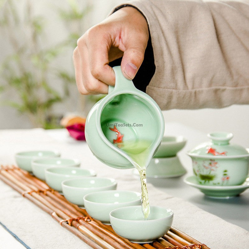 Premium Chinese Jade Porcelain Lotus Gaiwan Tea Set - Traditional Yixing Clay Teapot with Cups for Gongfu Tea Ceremony | Perfect for Home, Office & Zen Meditation Spaces