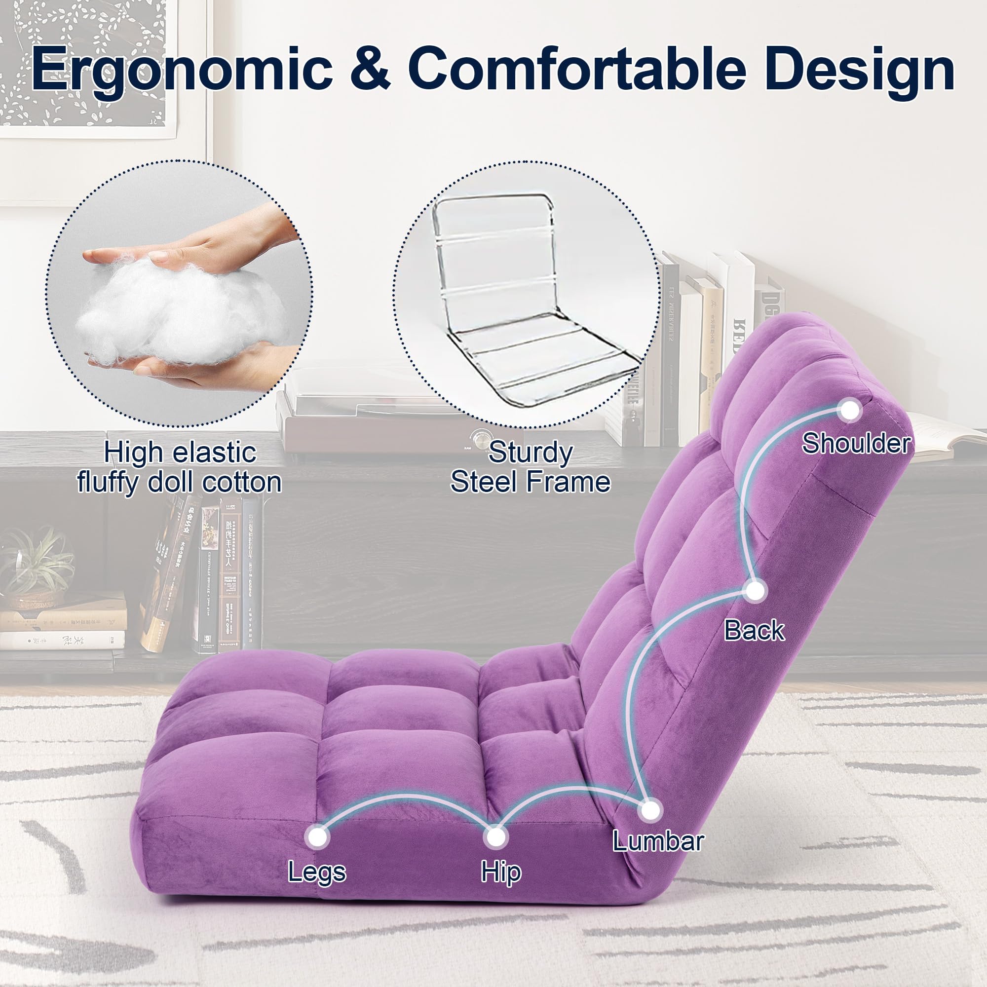24 Inch Wide Oversized Velvet Floor Chair - 6 Adjustable Positions, Ergonomic Armless Meditation Seat with Padded Comfort (Purple) - Perfect for Yoga, Reading, Gaming & Small Space Living