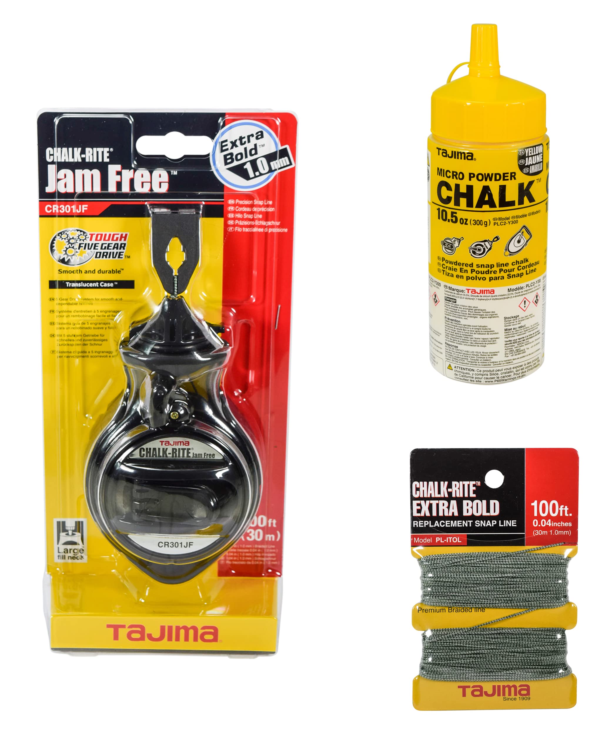 Tajima Chalk-Rite Jam-Free 1mm Snap Line with Extra Bold Braided Replacement Line & 10.5oz Ultra-Fine Yellow Chalk Powder - Perfect for Construction, Carpentry, Masonry, and DIY Chalk Line Marking