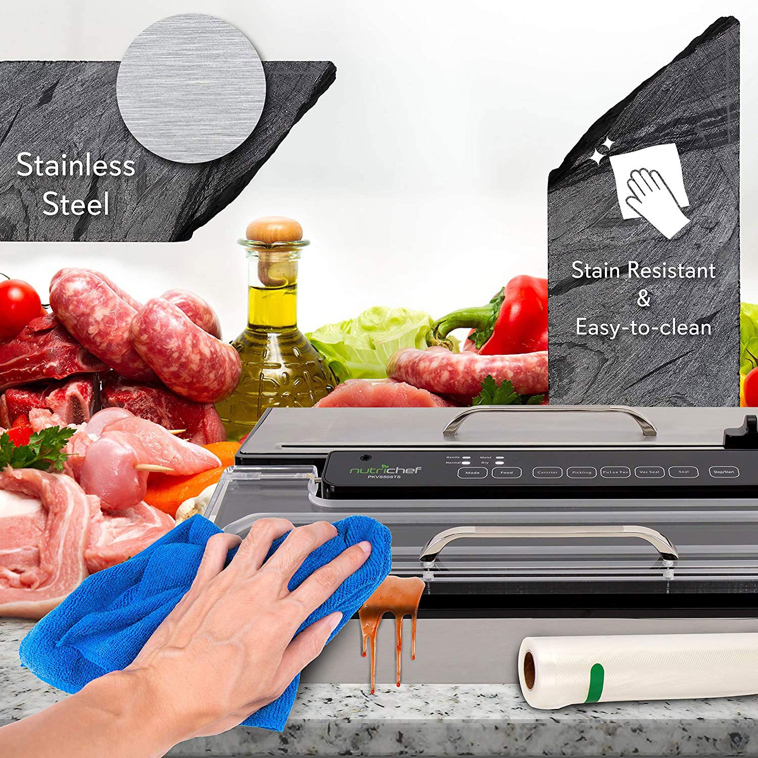 NutriChef PKVS50STS 400W Commercial Vacuum Sealer Machine - Automatic Double Piston Pump for Meat, Sous Vide & Food Preservation | Includes Dry/Wet Seal & Vacuum Roll Bags | Extra Large Silver Design | Perfect for Home Kitchens, Restaurants & Meal Prep Businesses