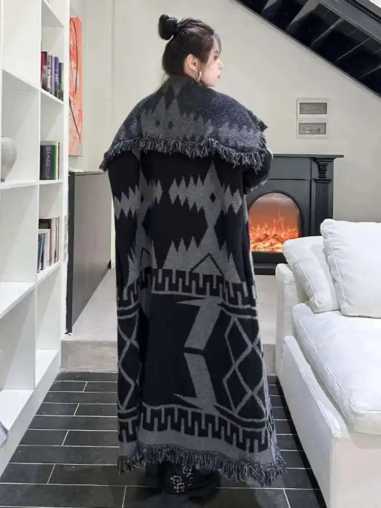 Black Oversized Knit Long Cardigan Sweater for Women - Loose Lapel Long Sleeve Chunky Knitwear - 2025 New Fashion Spring/Autumn Coat (Style 1DH2277) - Perfect for Layering, Office Wear & Casual Outfits