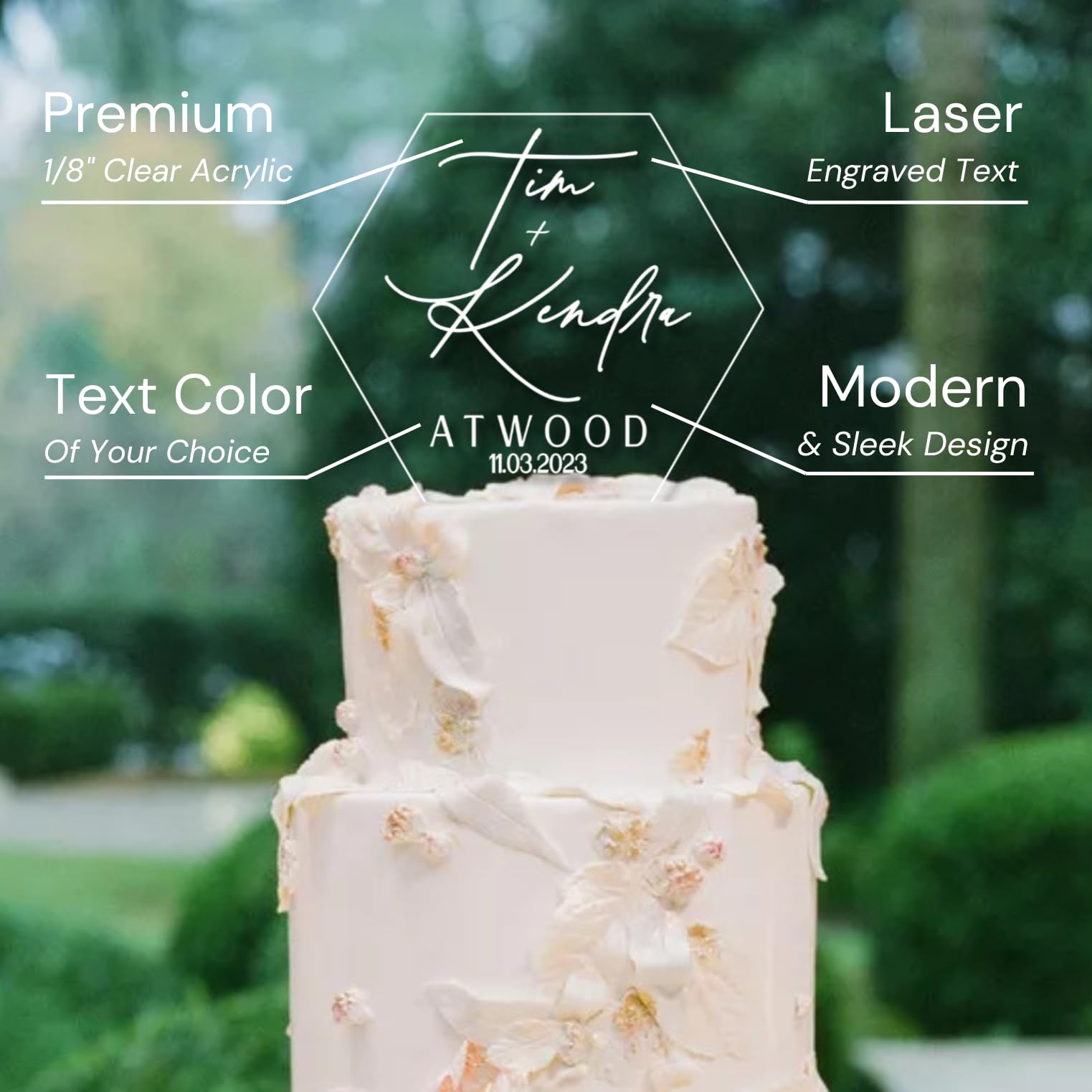 Custom Personalized Acrylic Wedding Cake Topper with Names - Hexagonal Design with Leaf Accents - Perfect for Wedding Cakes, Anniversary Cakes & Special Occasions