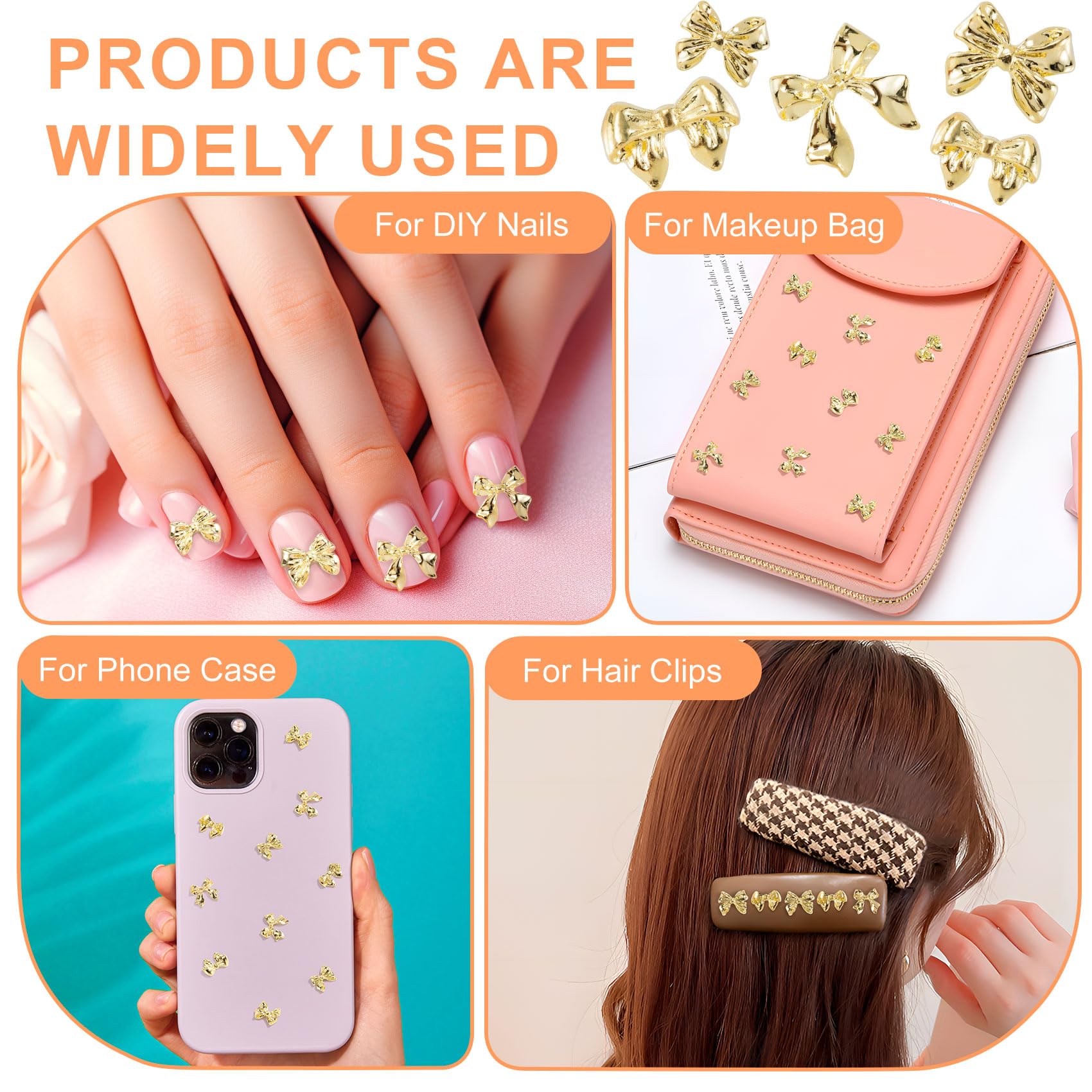 90 Pcs Gold Bow Nail Charms - Acrylic Bowknot Nail Bows with Glitter Ribbon for Nail Art, DIY Crafts, Scrapbooking | Perfect for Women's Manicure, Party Nail Decorations & Gift Wrapping Accessories