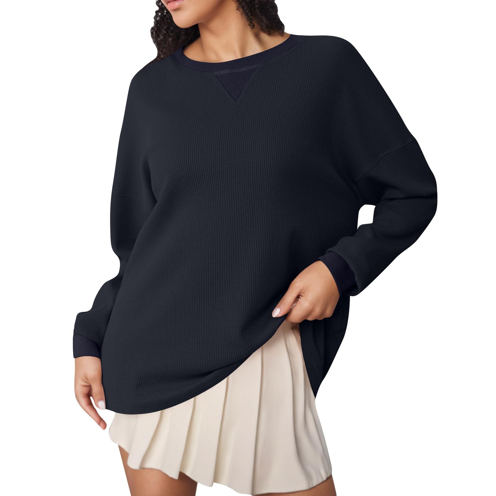 PVTOSD Women's Long Sleeve Crewneck Sweatshirt - Color Block Waffle Knit Loose Fit Casual Pullover Top (S-XXL) | Perfect for Fall Layering, Lounge Wear & Weekend Outfits