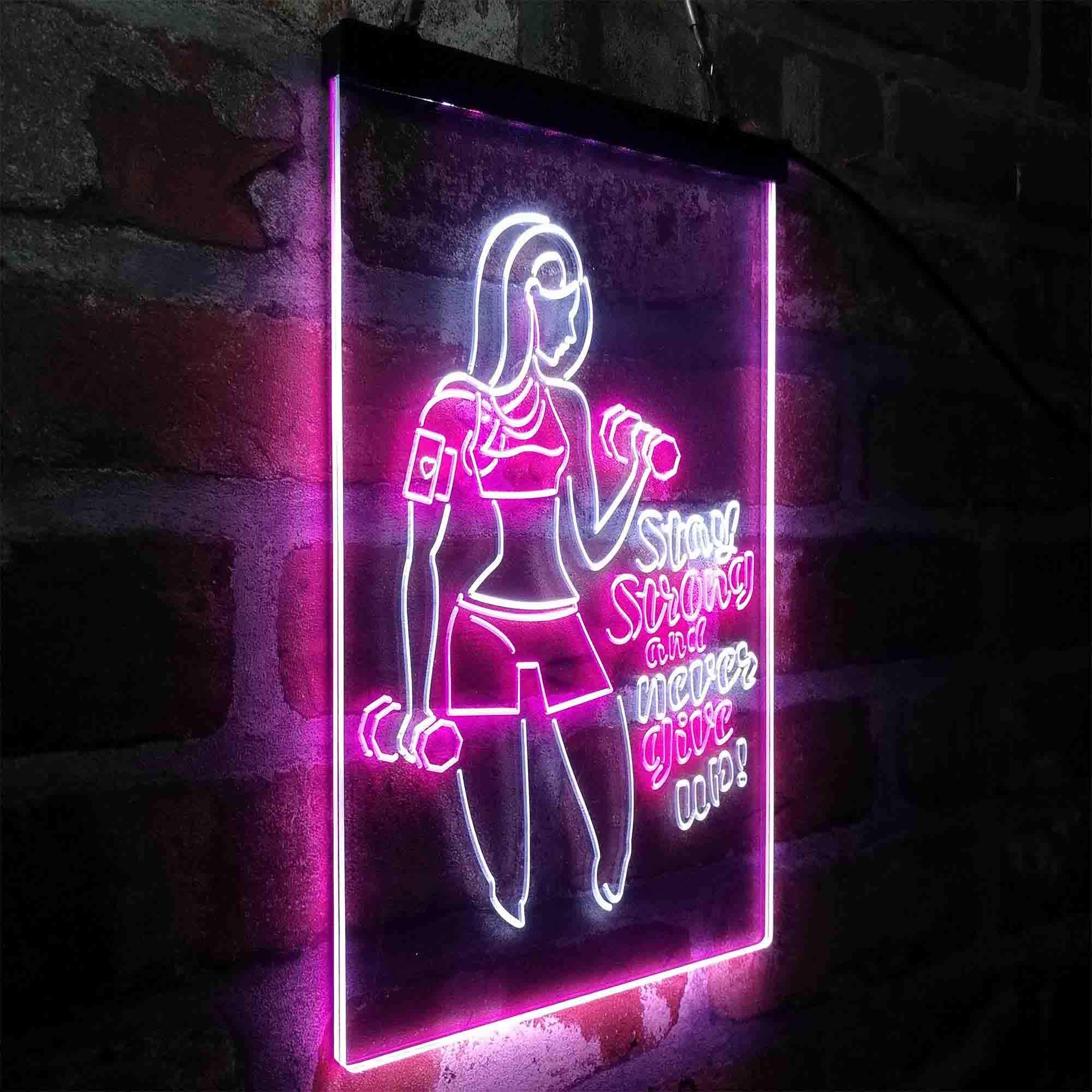 ADVPRO Fitness Club Gym LED Neon Sign - Motivational 'Stay Strong Never Give Up' Wall Art (16x24 Inches, White & Purple) - Perfect for Home Gym, CrossFit Studio & Fitness Center Decor