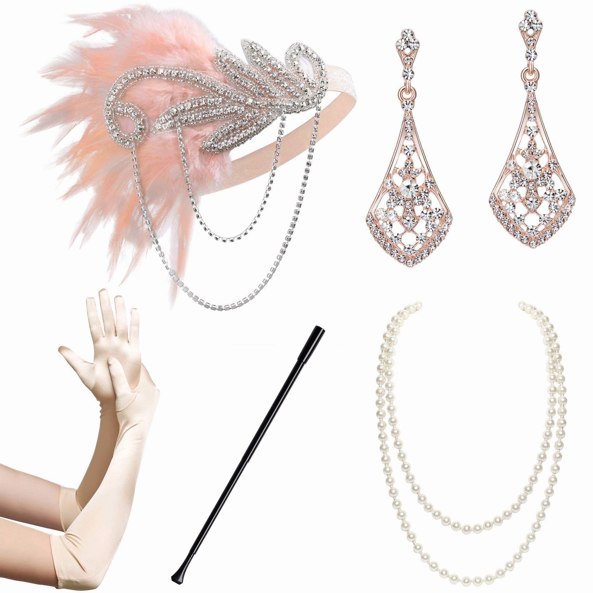 1920s Flapper Accessories Set - Gatsby Costume Headband, Pearl Necklace & Gloves for Women - Vintage 1920s Party Outfit - Perfect for Roaring 20s Theme Parties, Halloween, and Jazz Age Costumes