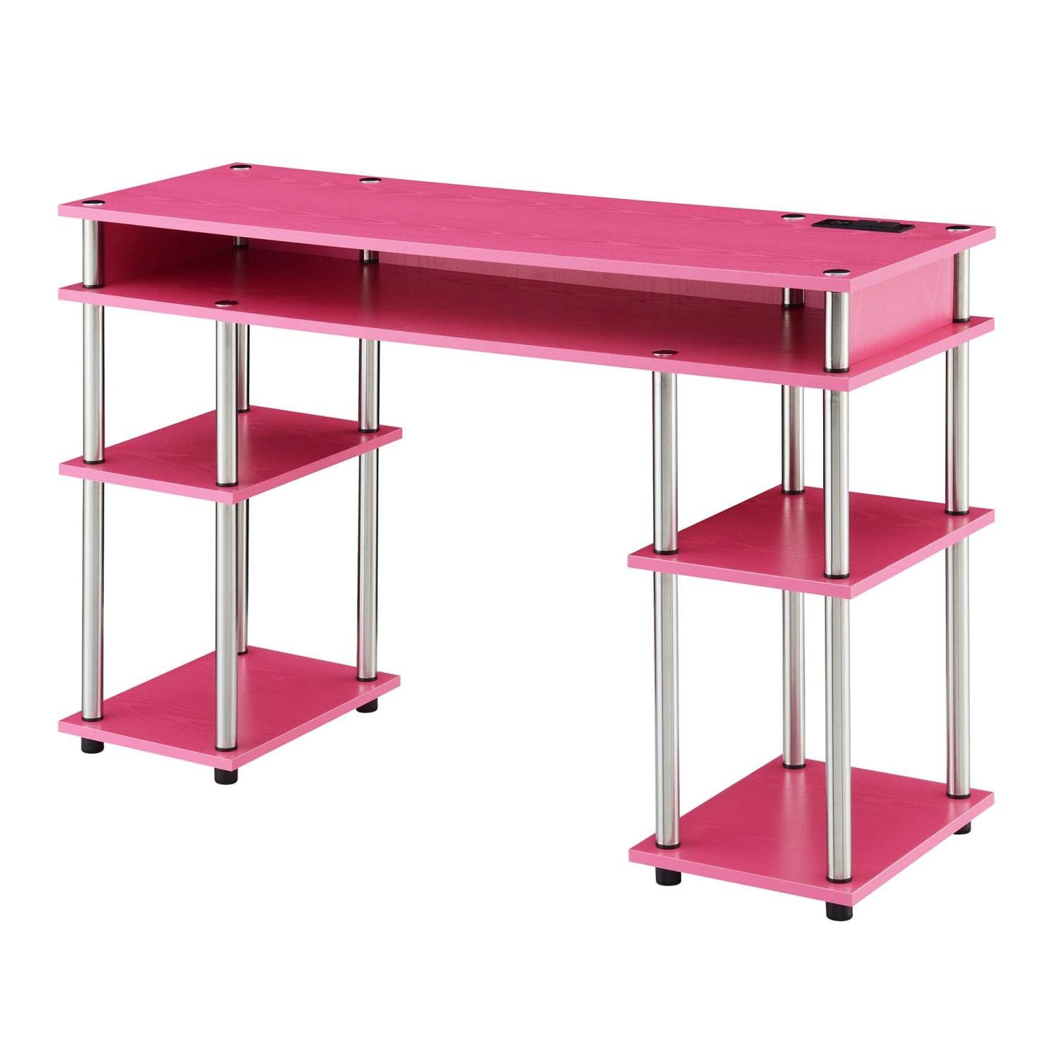 Convenience Concepts Designs2Go No Tools Student Desk with Charging Station & Shelves - Pink Study Desk for Kids, Teens & Dorm Rooms | Perfect for Homework, Online Classes & Small Spaces