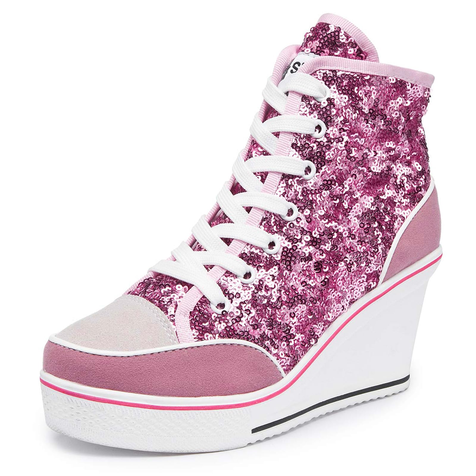**Women's Glitter Sneakers - Sparkly Sequin High Top Lace Up Platform Wedge Shoes for Wedding, Party & Dressy Occasions**