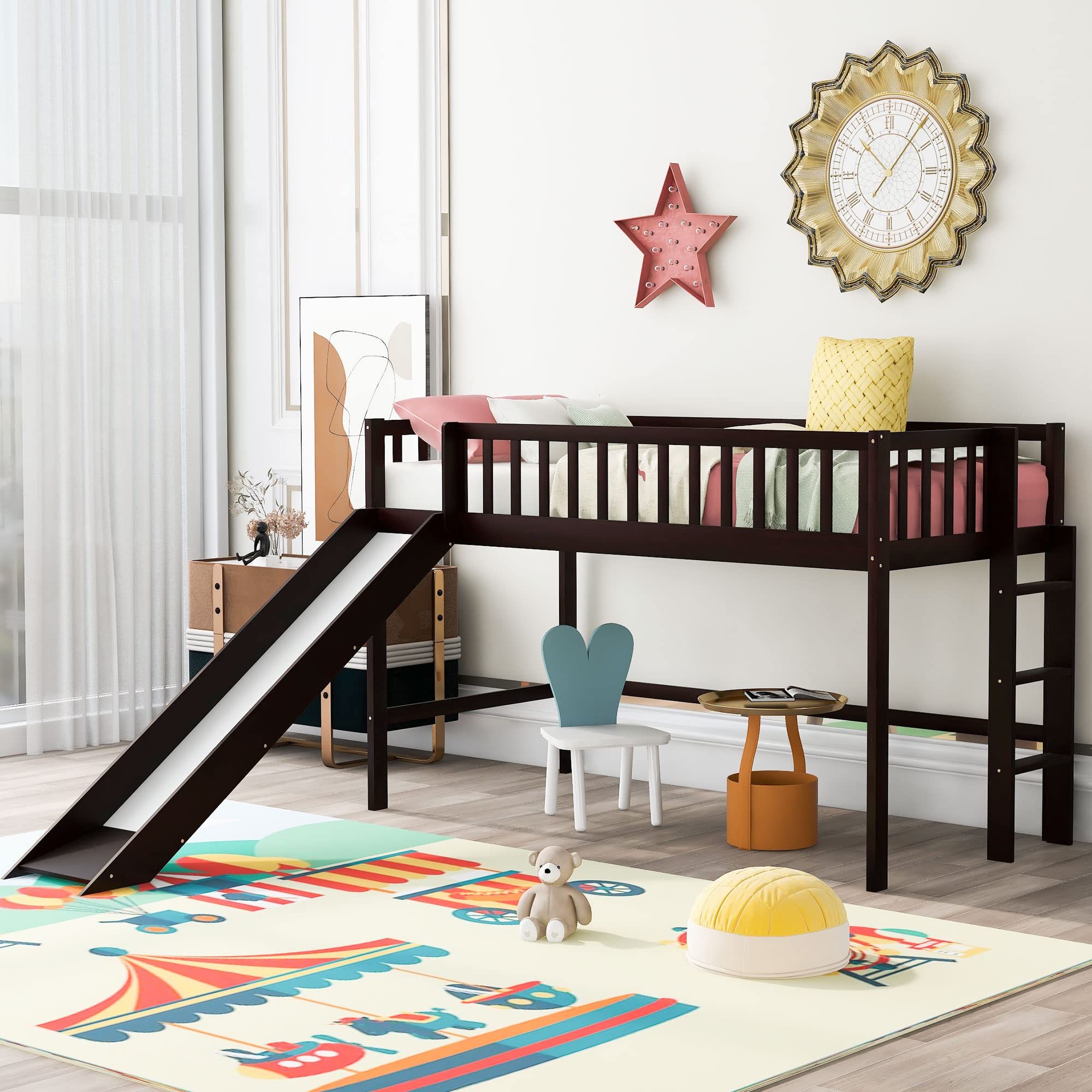 **Twin Size Low Loft Bed with Ladder & Slide - Solid Pine Wood Bed Frame, Space-Saving Kids Bedroom Furniture - No Box Spring Needed (Espresso Finish) - Perfect for Small Rooms, Playrooms & Dorm Decor**