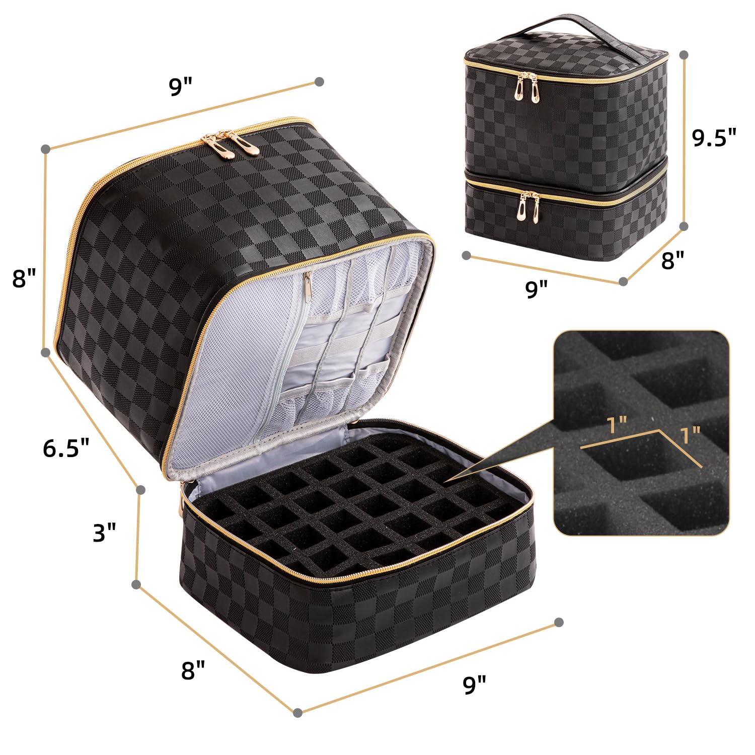 30 Bottles Nail Polish Organizer Bag with Gel Nail Lamp Holder - Portable Nail Tech Carrying Case for Manicure Professionals (Checkerboard Black) | Perfect for Salon Storage, Travel & Home Organization