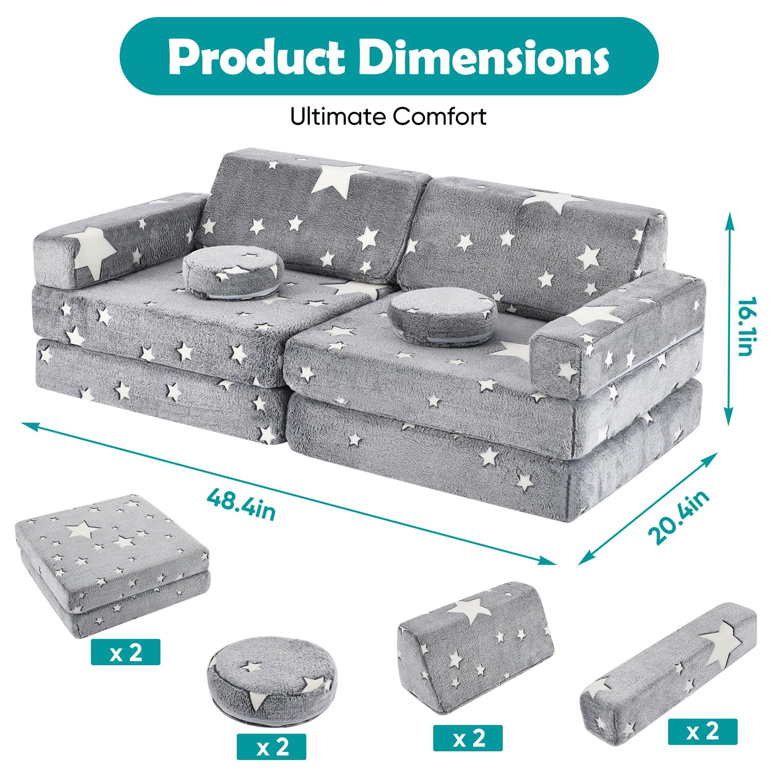 Glow in the Dark Kids Play Couch - 10 Piece Modular Foam Sofa Set for Toddlers | Convertible Playroom & Bedroom Furniture for Boys & Girls | Perfect for Indoor Playtime, Sleepovers & Imaginative Play