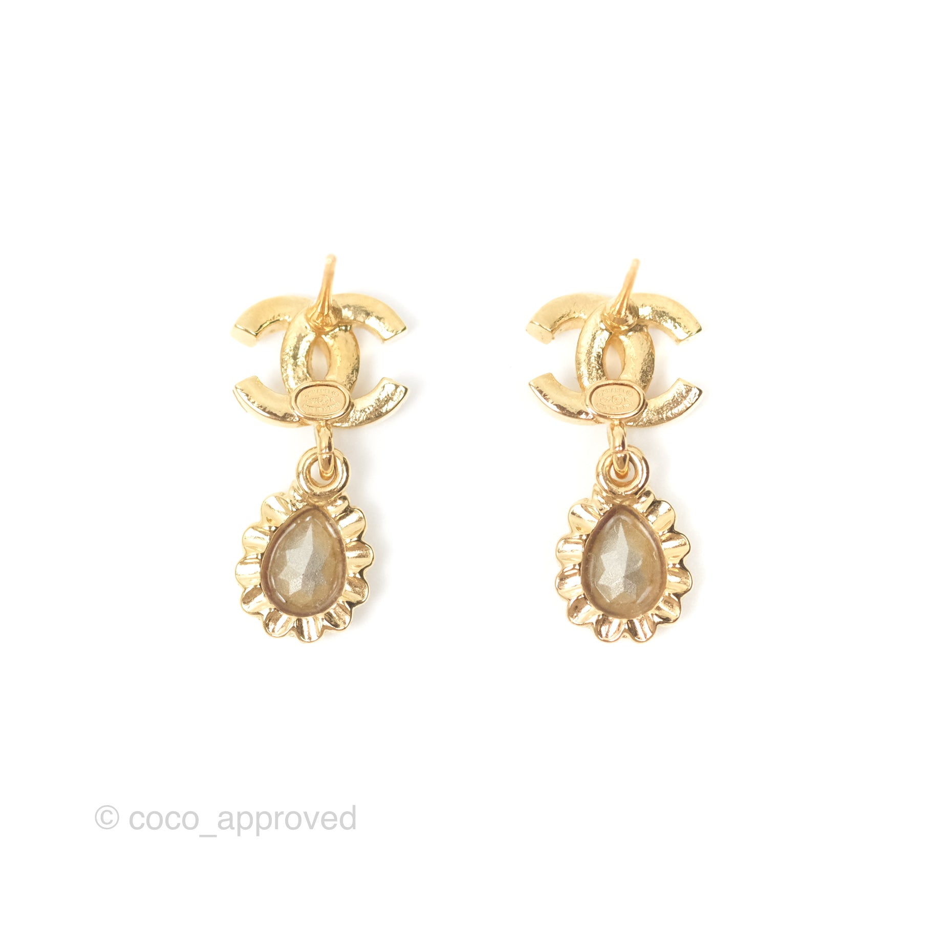Chanel CC Crystal Pink Tear Resin Drop Earrings 22K Gold Tone - Elegant Dangle Earrings for Women, Perfect for Parties, Weddings & Special Occasions