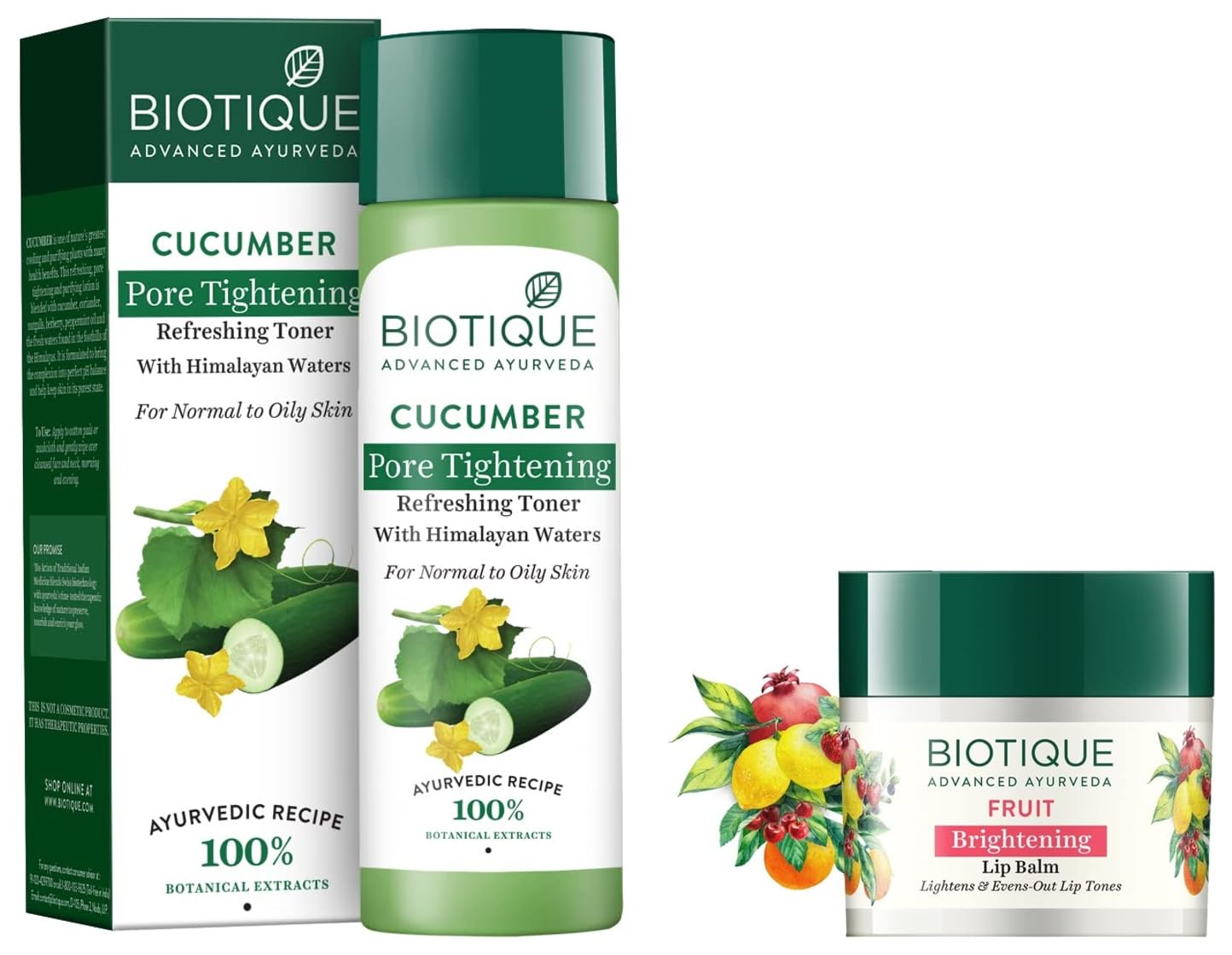 Biotique Bio Fruit Whitening Lip Balm 12g & Bio Cucumber Pore Tightening Toner 120ml - Natural Skincare Set for Dry Lips & Oily Skin | Perfect for Daily Beauty Routine & Travel Skincare