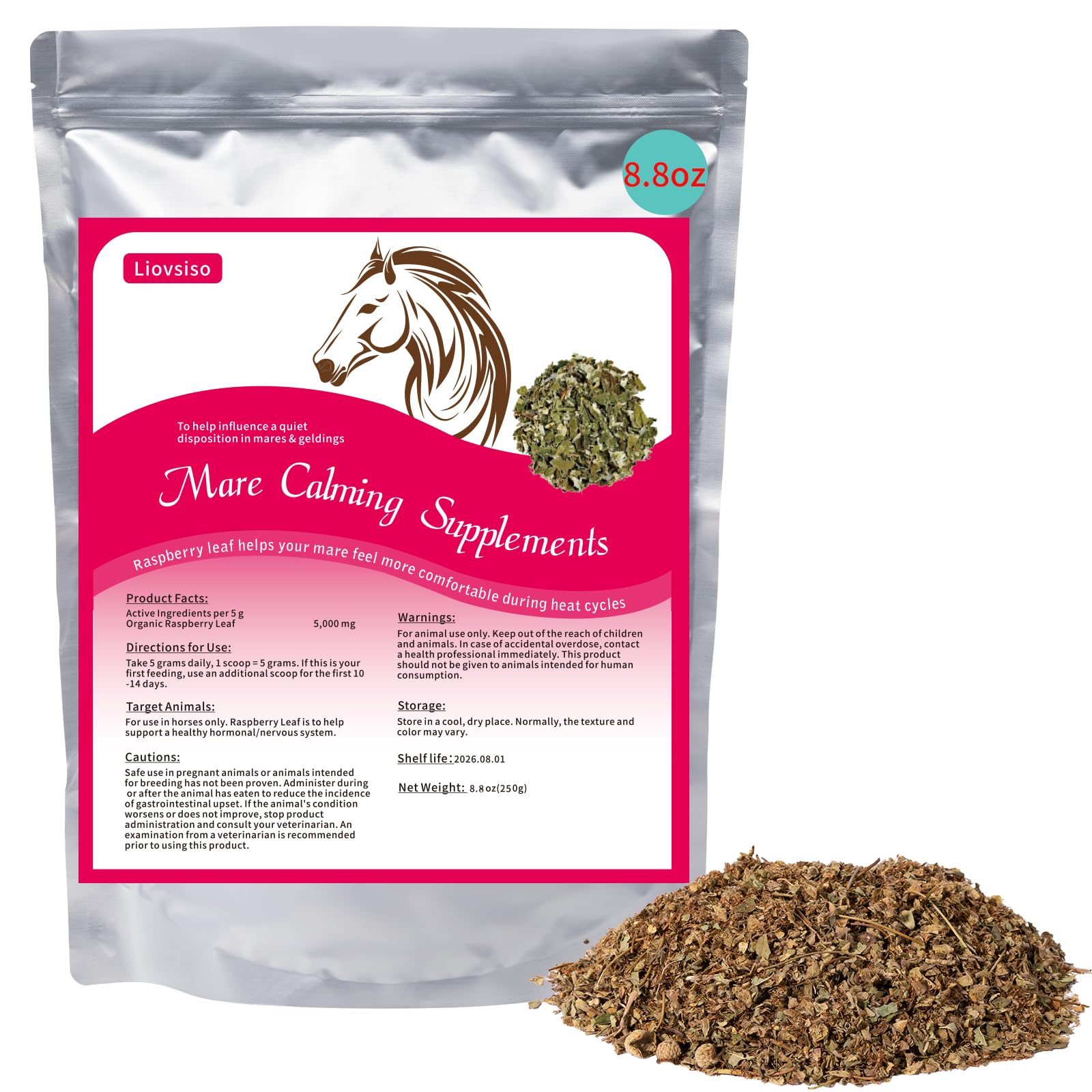 Natural Raspberry Leaf Horse Calming Supplement - 8.8 oz Anxiety Relief for Moody Mares & Geldings, Soothes Discomfort During Heat Cycles | Perfect for Training, Shows & Stressful Situations