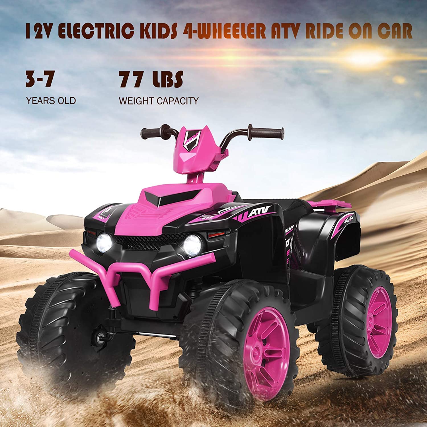 OLAKIDS 12V Kids Electric ATV Quad Bike - 4 Wheeler Ride On Toy Car for Boys & Girls Ages 3-8 | Battery Powered Motorized Vehicle with LED Lights, Music, Horn & Dual Speed Control | Outdoor Play, Birthday Gift, Backyard Fun (Pink)