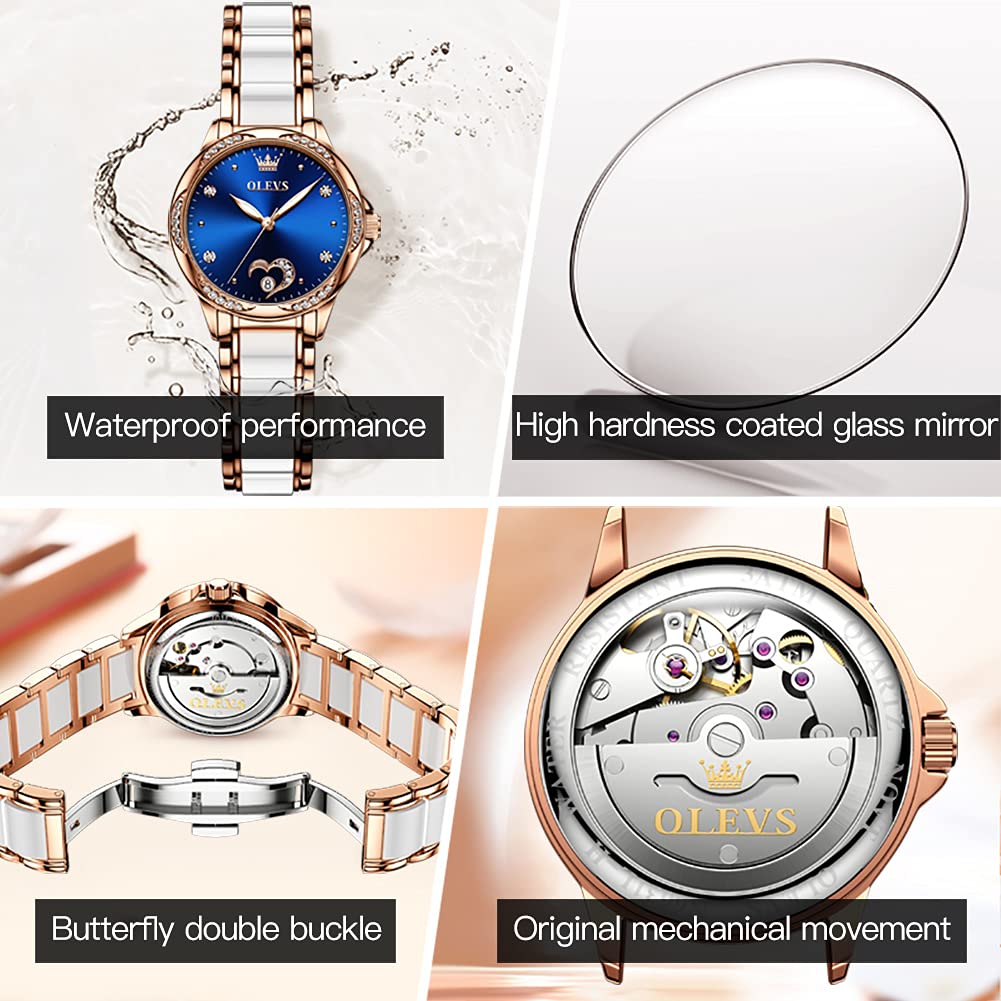 OLEVS Women's Luxury Diamond Automatic Self-Winding Watch - Elegant Stainless Steel & Ceramic Dress Watch with Luminous Hands, Waterproof for Daily Wear - Perfect for Office, Parties & Special Occasions
