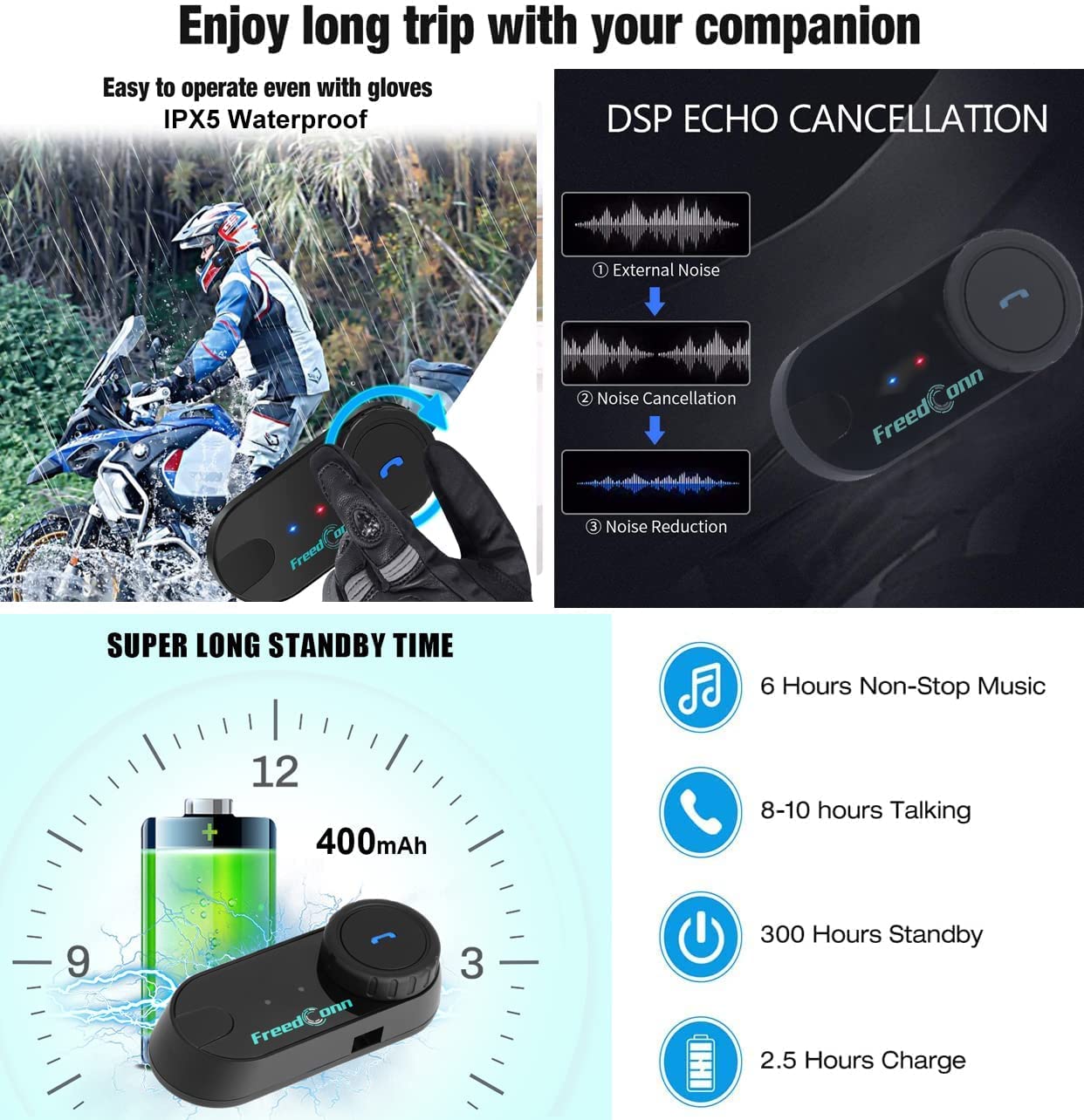 FreedConn TCOM-VB Motorcycle Helmet Bluetooth Intercom Kit - 800m Range, FM Radio, MP3, GPS & Phone Connectivity for 2-3 Riders - Perfect for Group Rides, Touring & Adventure Motorcycling (1 Pack)