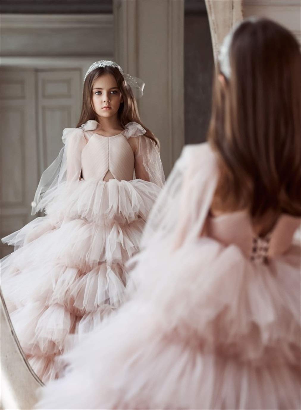 Emanni Girls Princess Flower Girl Dresses - Elegant V-Neck Ruffled Pageant Gowns for Weddings, Special Occasions & Toddler Photo Shoots