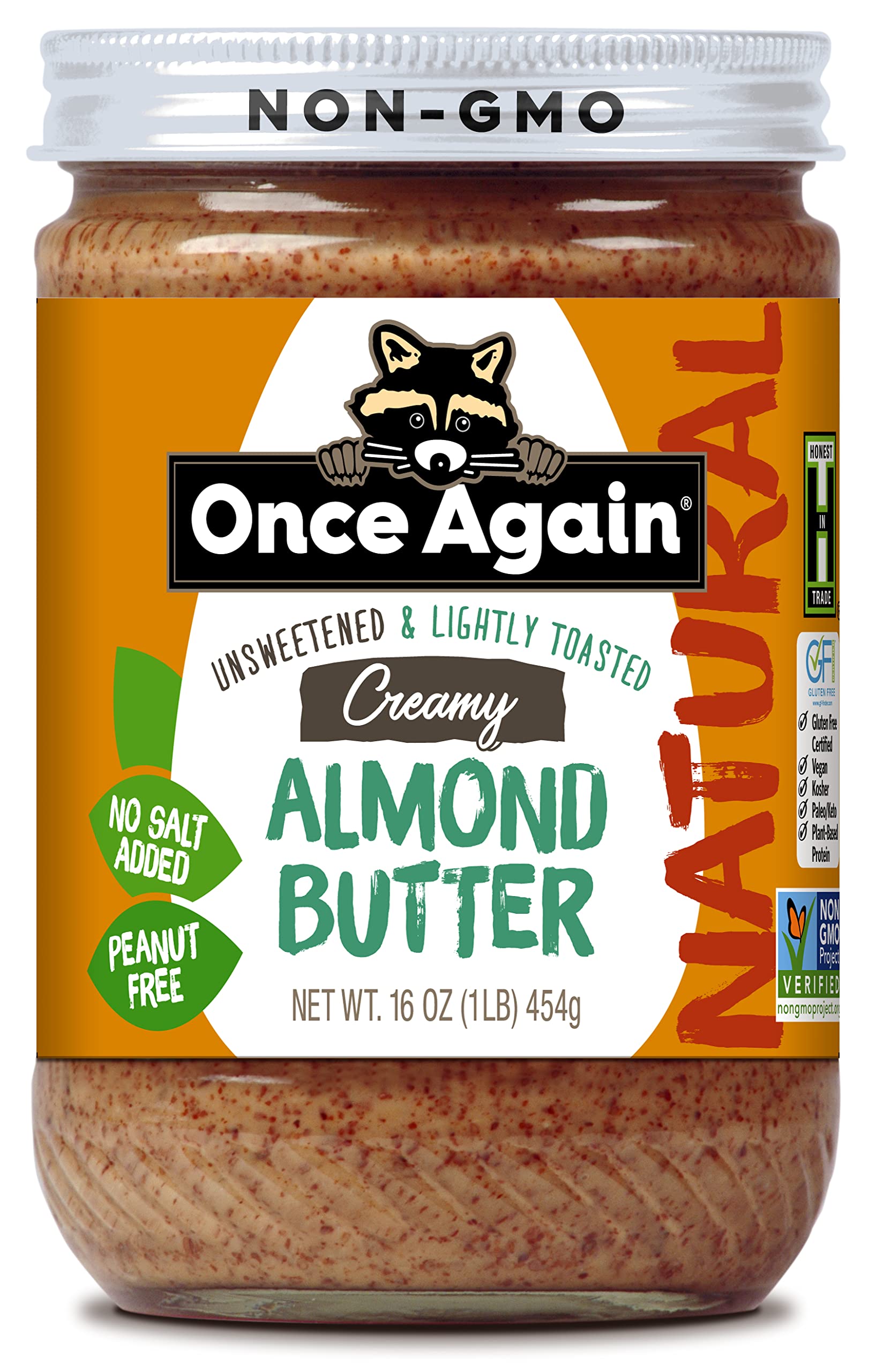 Once Again Natural Creamy Almond Butter, 16oz - Lightly Toasted, Salt Free, Unsweetened - Gluten Free, Peanut Free, Vegan, Kosher & Paleo Certified - Healthy Snack for Smoothies, Toast & Baking - Glass Jar