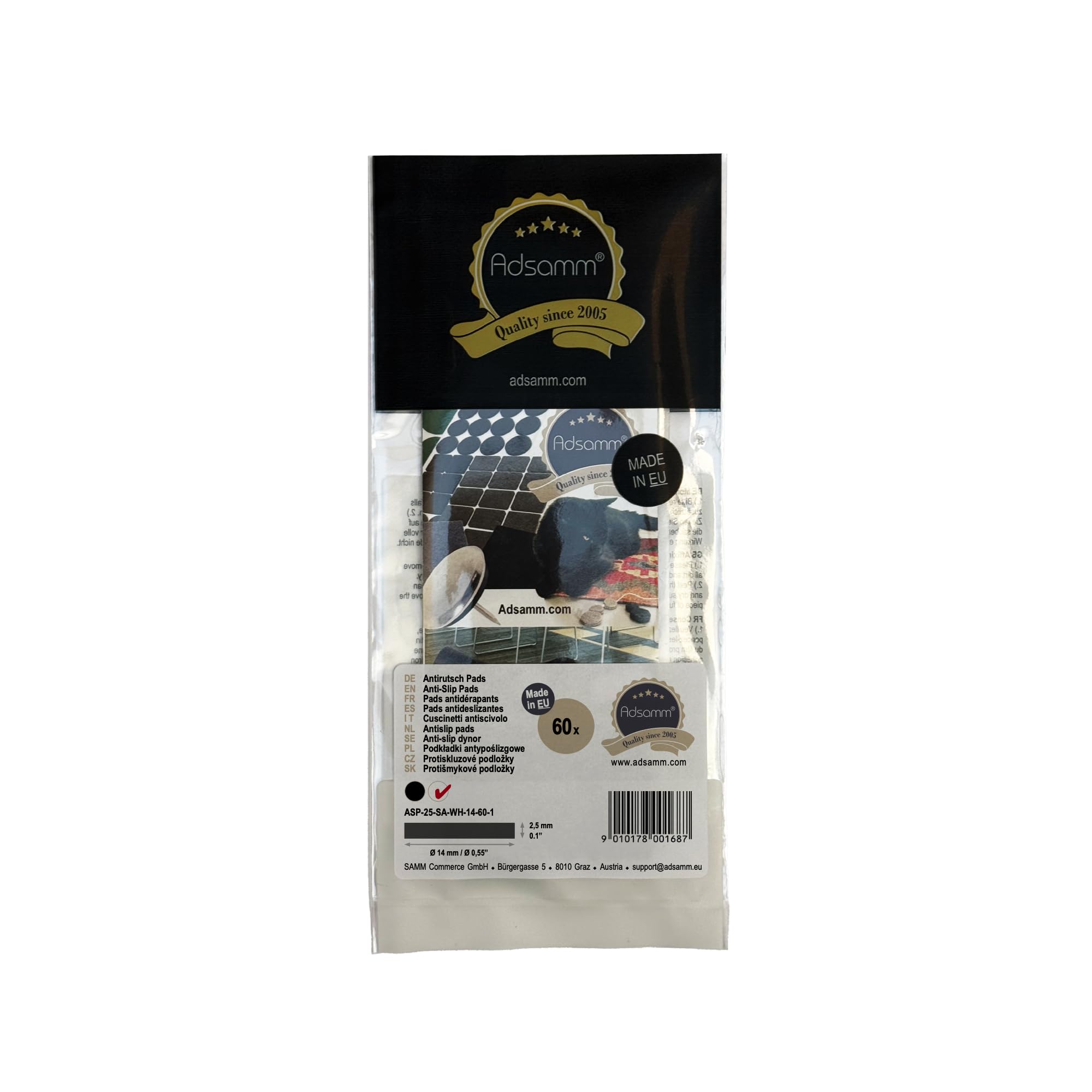 Adsamm® 60-Pack Self-Adhesive Anti-Slip Pads - White Round EPDM Rubber Non-Slip Furniture Pads (0.55 in/14mm) - Perfect for Furniture, Drawers, Cabinets & Appliances to Prevent Sliding & Scratches