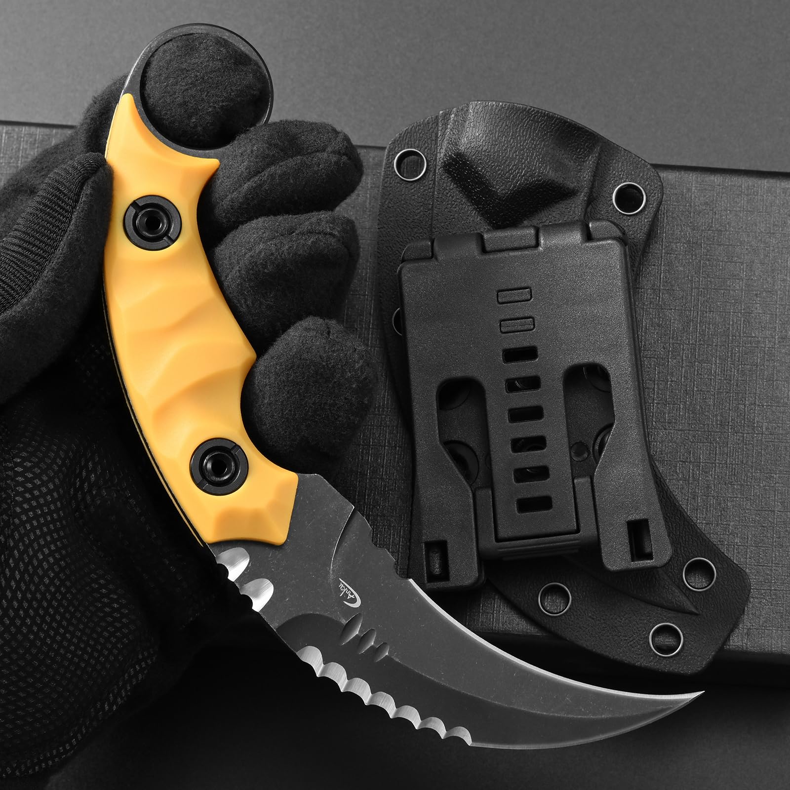 D2 Steel Fixed Blade Knife with Nylon Fiberglass Handle - Survival Claw Knife for Outdoor Camping, Hiking & EDC | Includes Kydex Sheath (Yellow) | Perfect for Bushcraft, Tactical Use & Wilderness Adventures