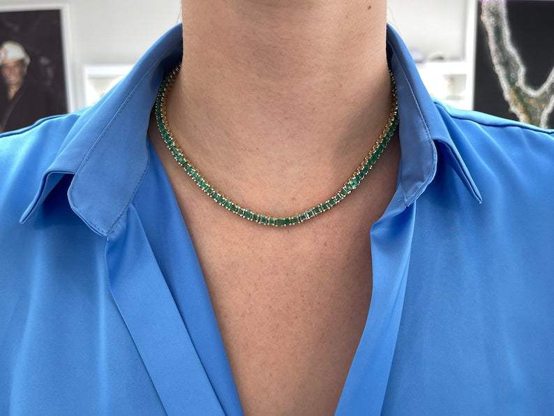 20tcw 14K Gold 17 Inches Princess Cut Emerald Tennis Necklace for Women - Elegant Jewelry Gift for Wedding, Anniversary & Special Occasions